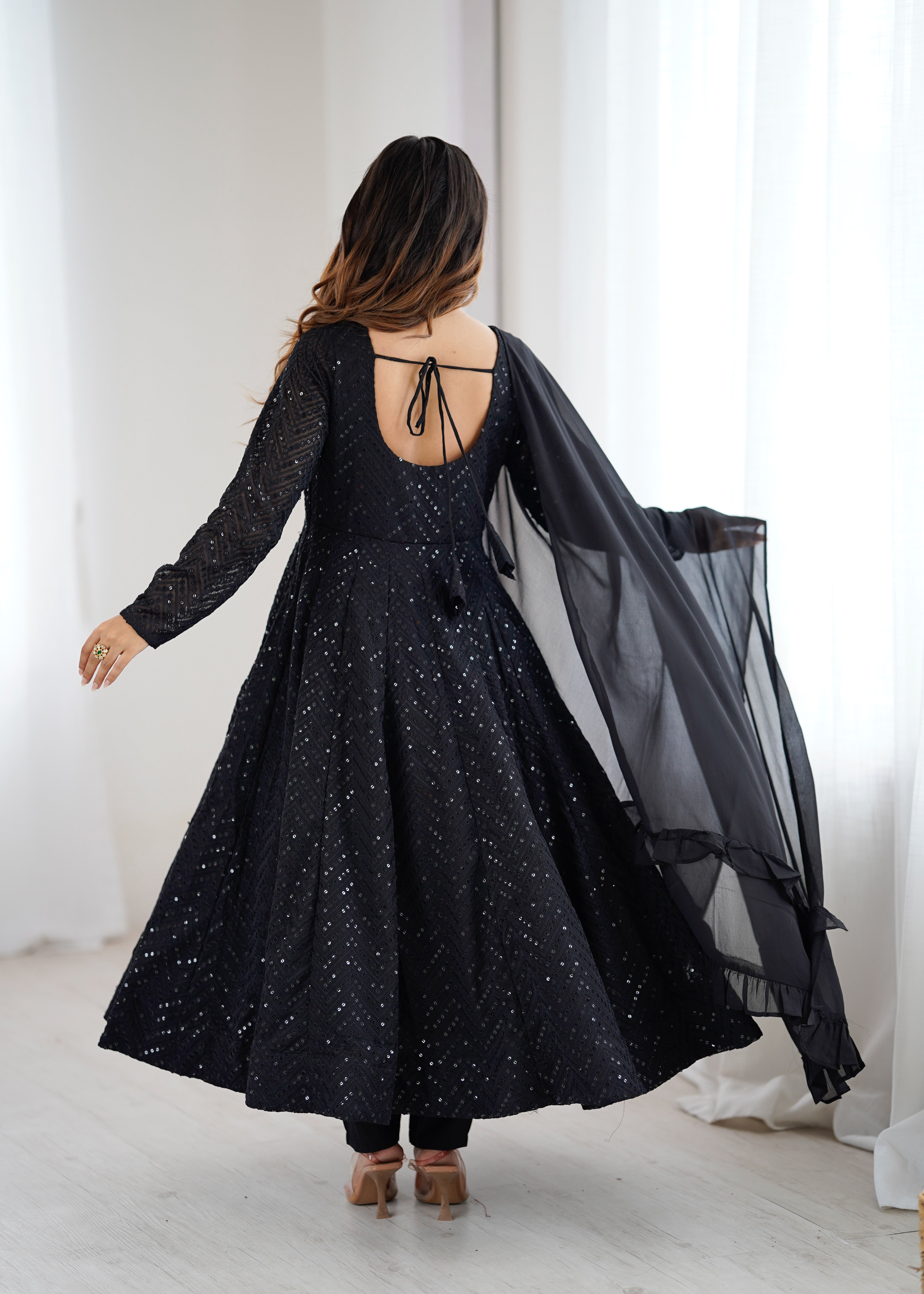 Black Fox Georgette Lucknowi Sequence Work Anarkali Suit Set