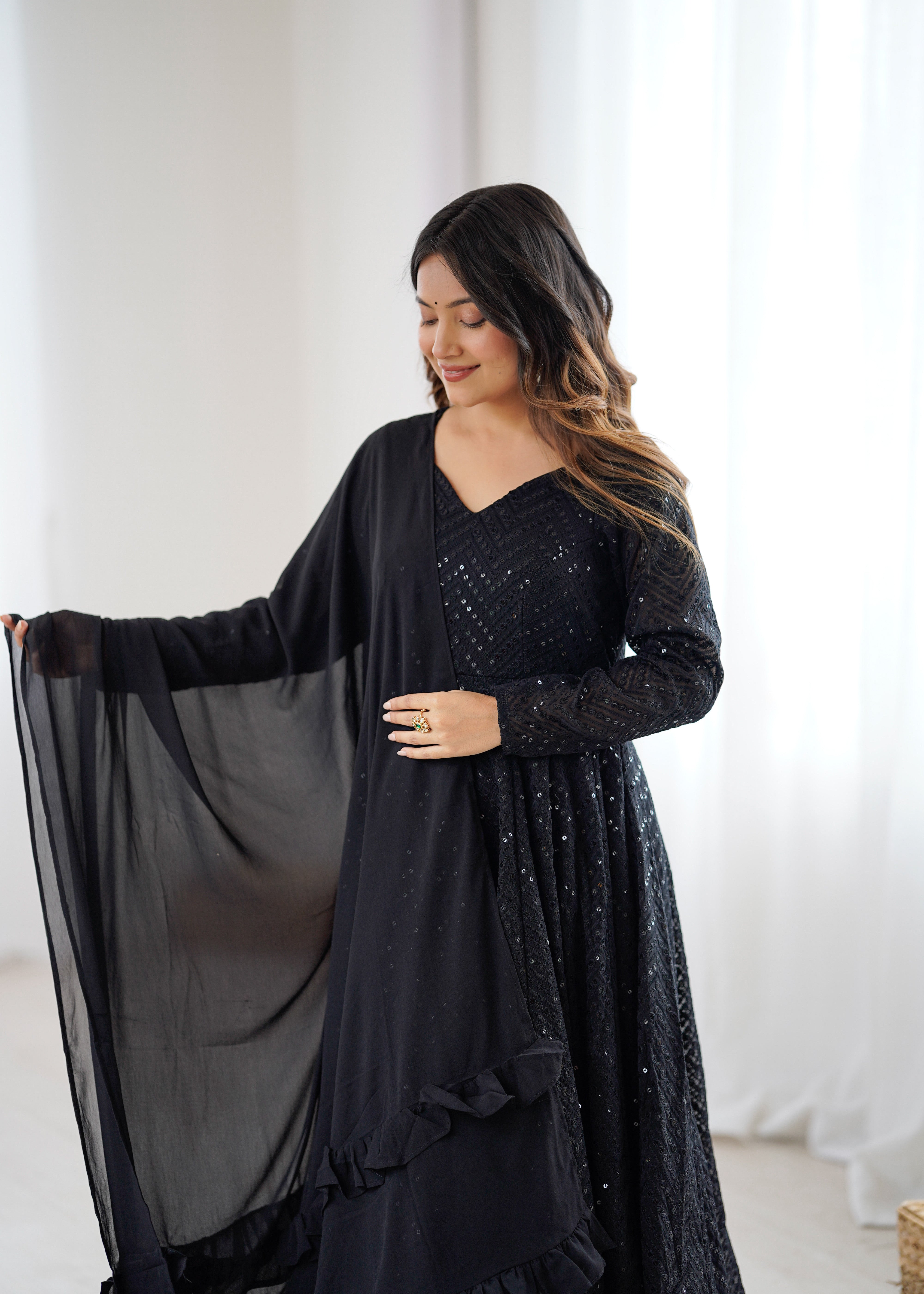Black Fox Georgette Lucknowi Sequence Work Anarkali Suit Set