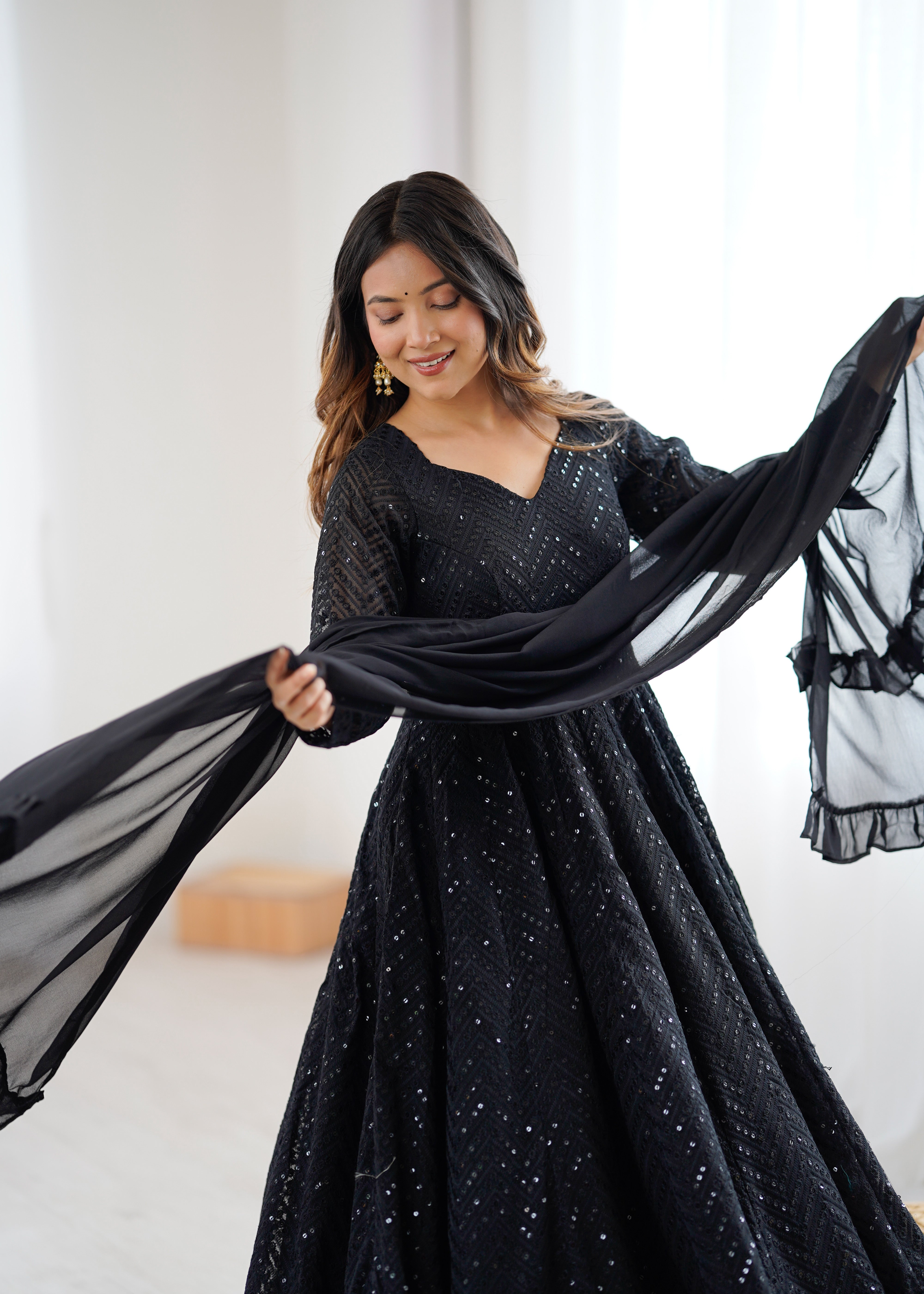 Black Fox Georgette Lucknowi Sequence Work Anarkali Suit Set