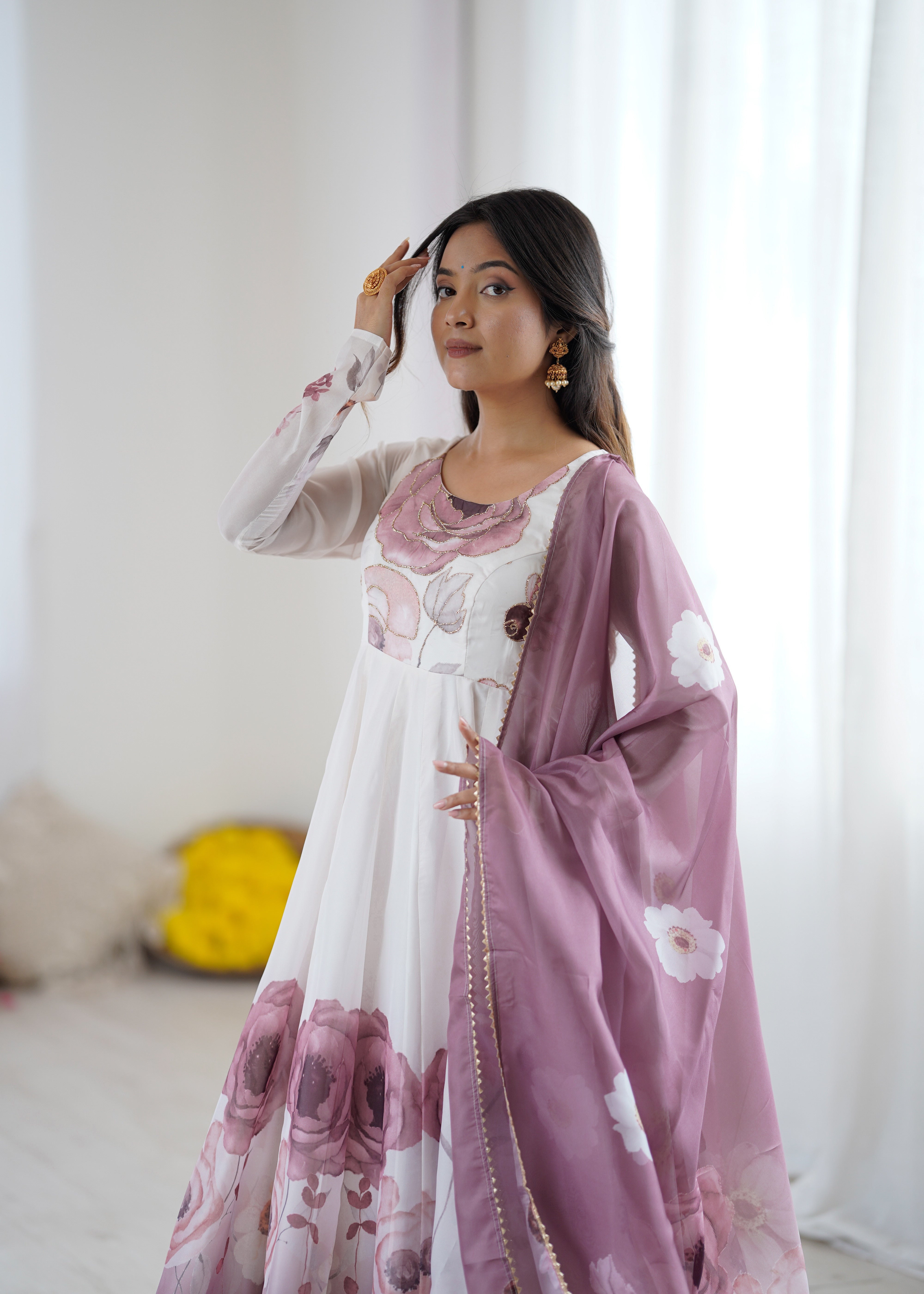 Organza Silk Anarkali Set with Badla Jari Handwork & Gota Patti Dupatta
