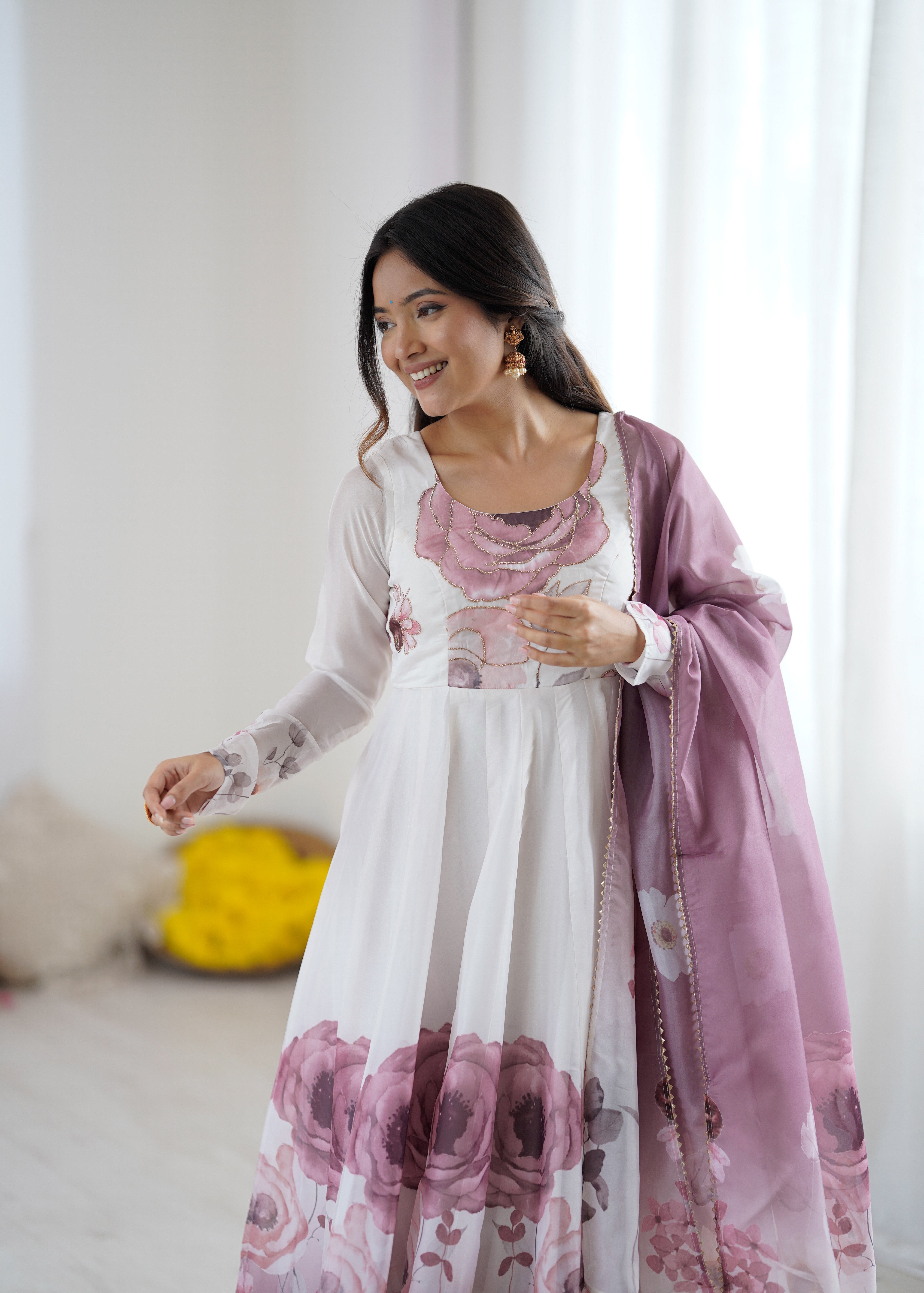 Organza Silk Anarkali Set with Badla Jari Handwork & Gota Patti Dupatta