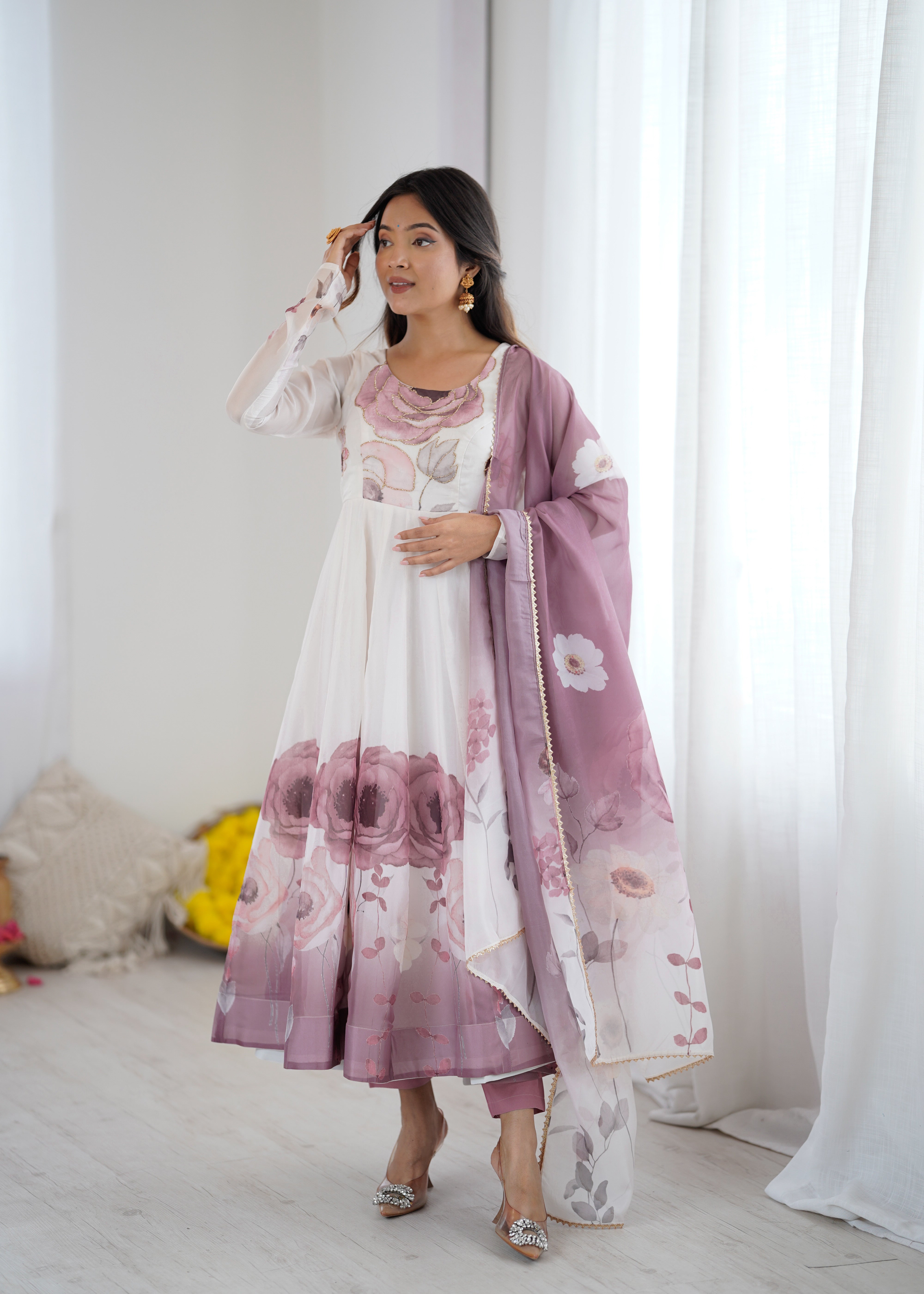 Organza Silk Anarkali Set with Badla Jari Handwork & Gota Patti Dupatta