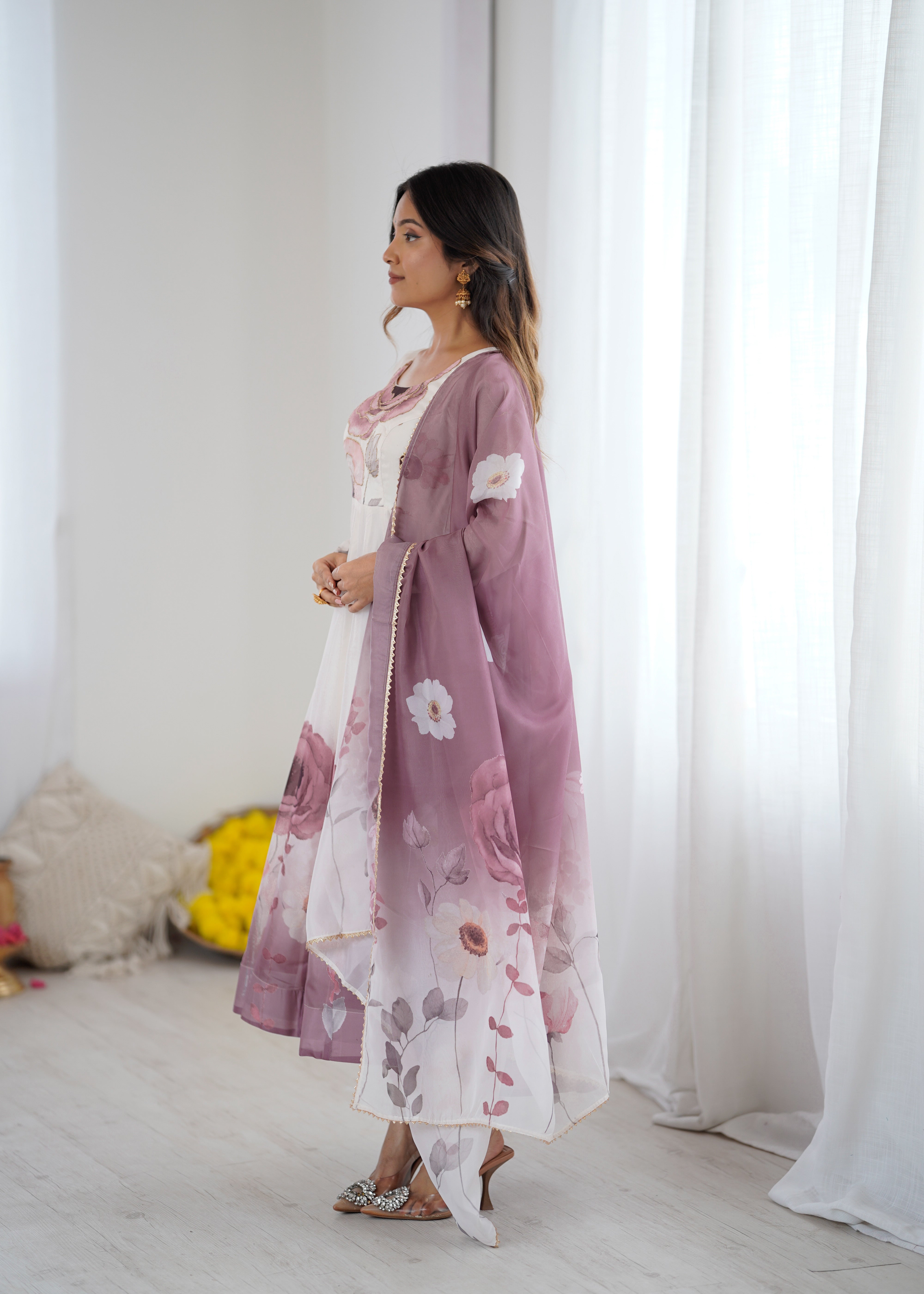 Organza Silk Anarkali Set with Badla Jari Handwork & Gota Patti Dupatta