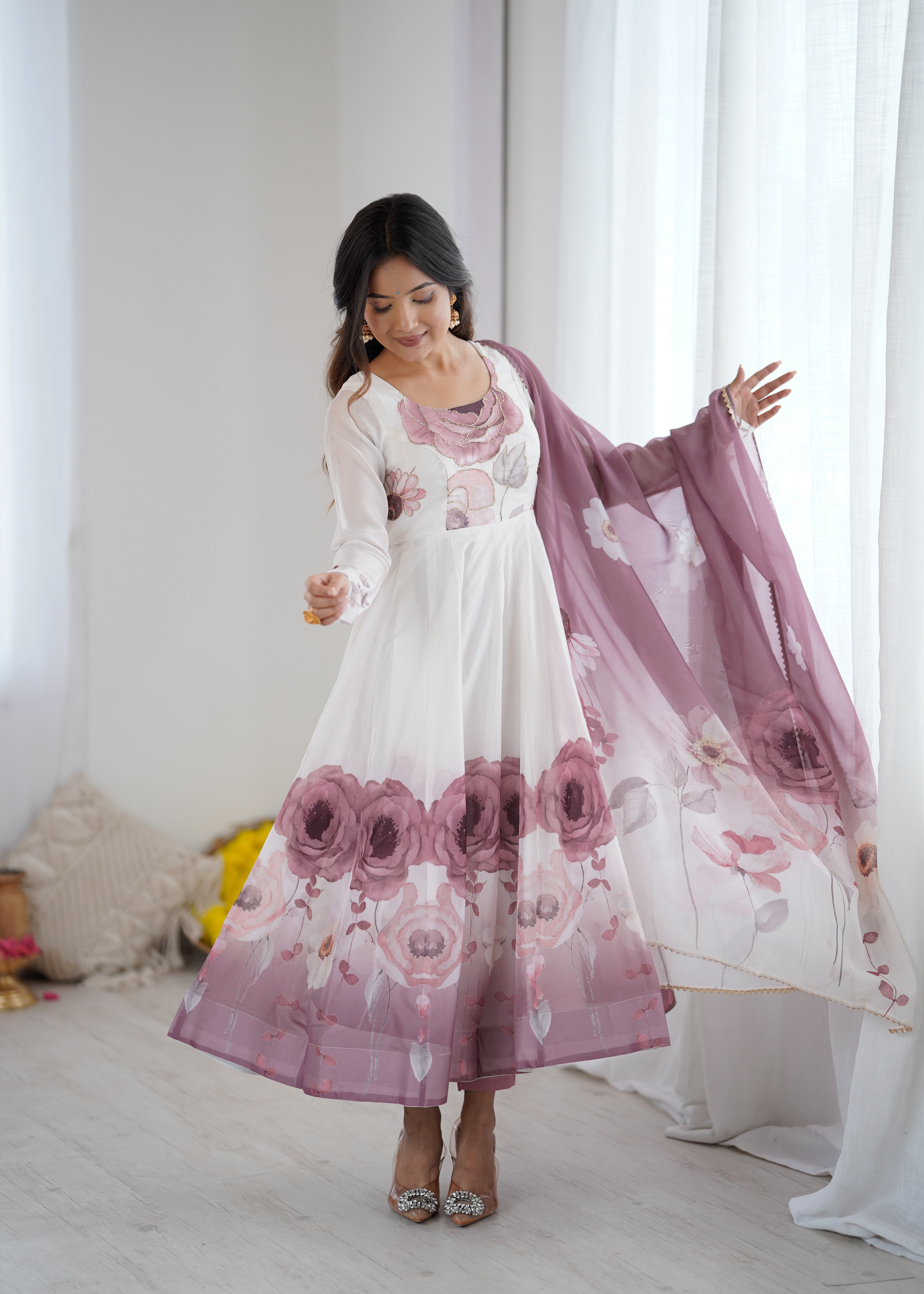 Organza Silk Anarkali Set with Badla Jari Handwork & Gota Patti Dupatta