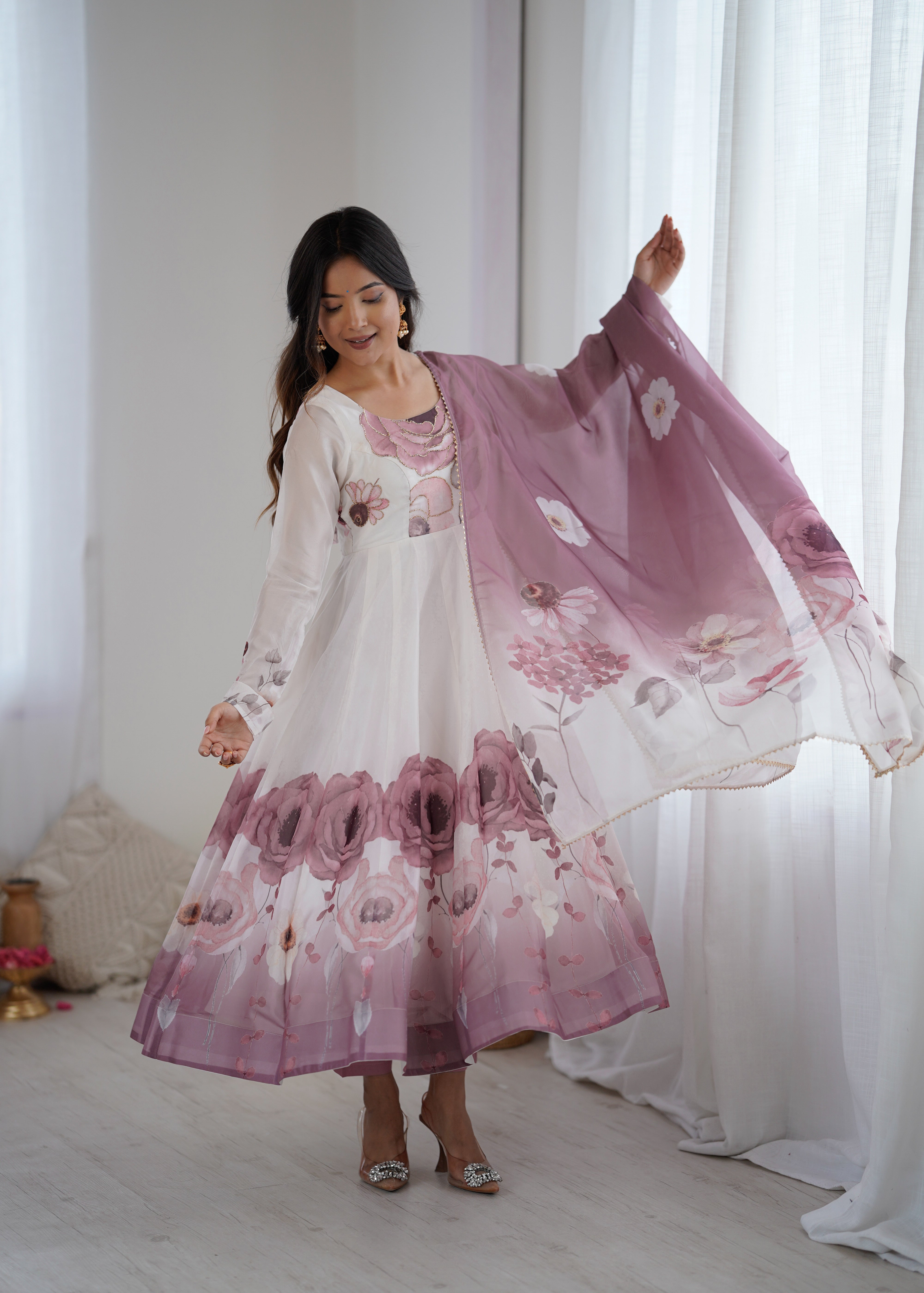 Organza Silk Anarkali Set with Badla Jari Handwork & Gota Patti Dupatta