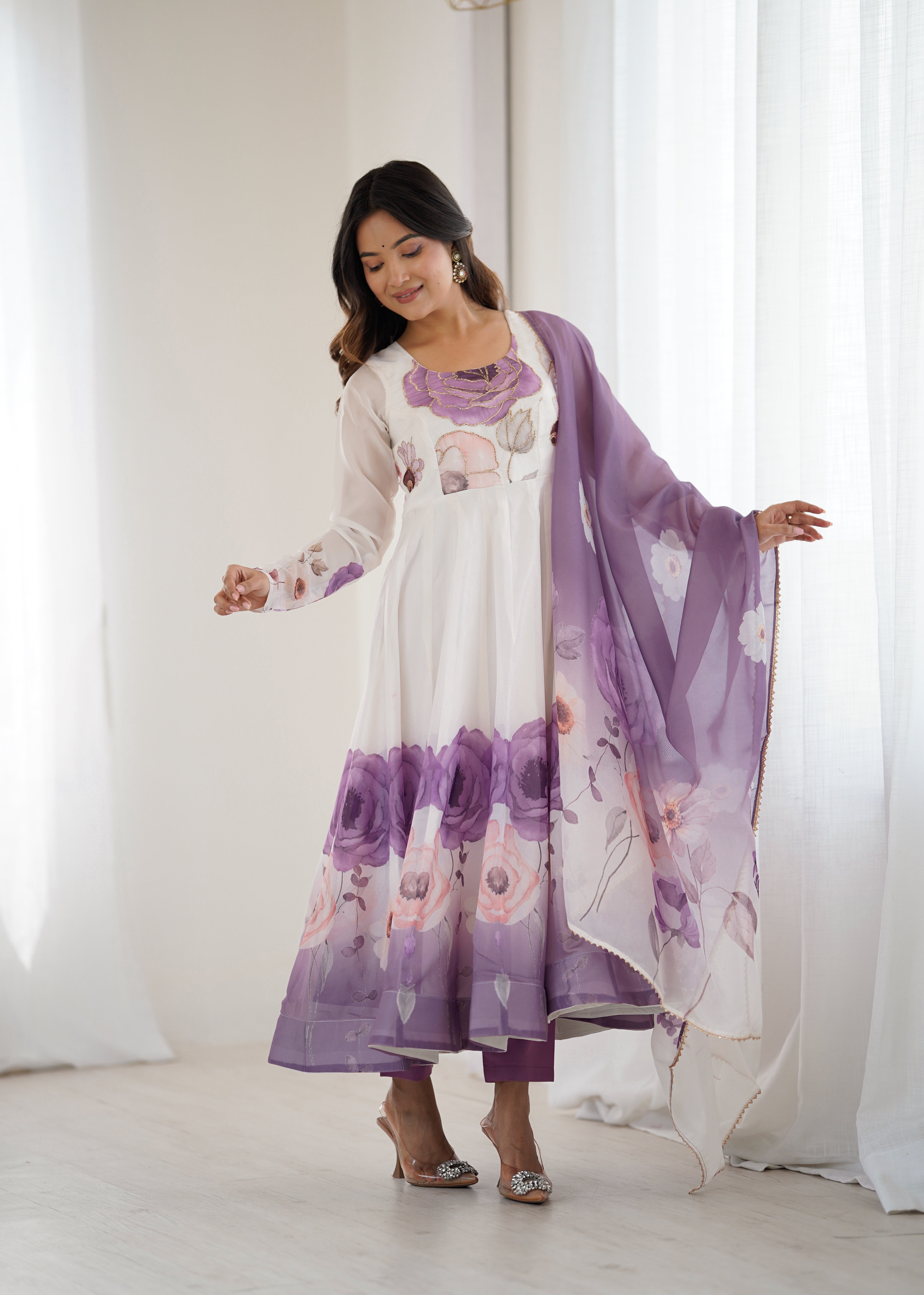 Organza Silk Anarkali Set with Badla Jari Handwork & Gota Patti Dupatta