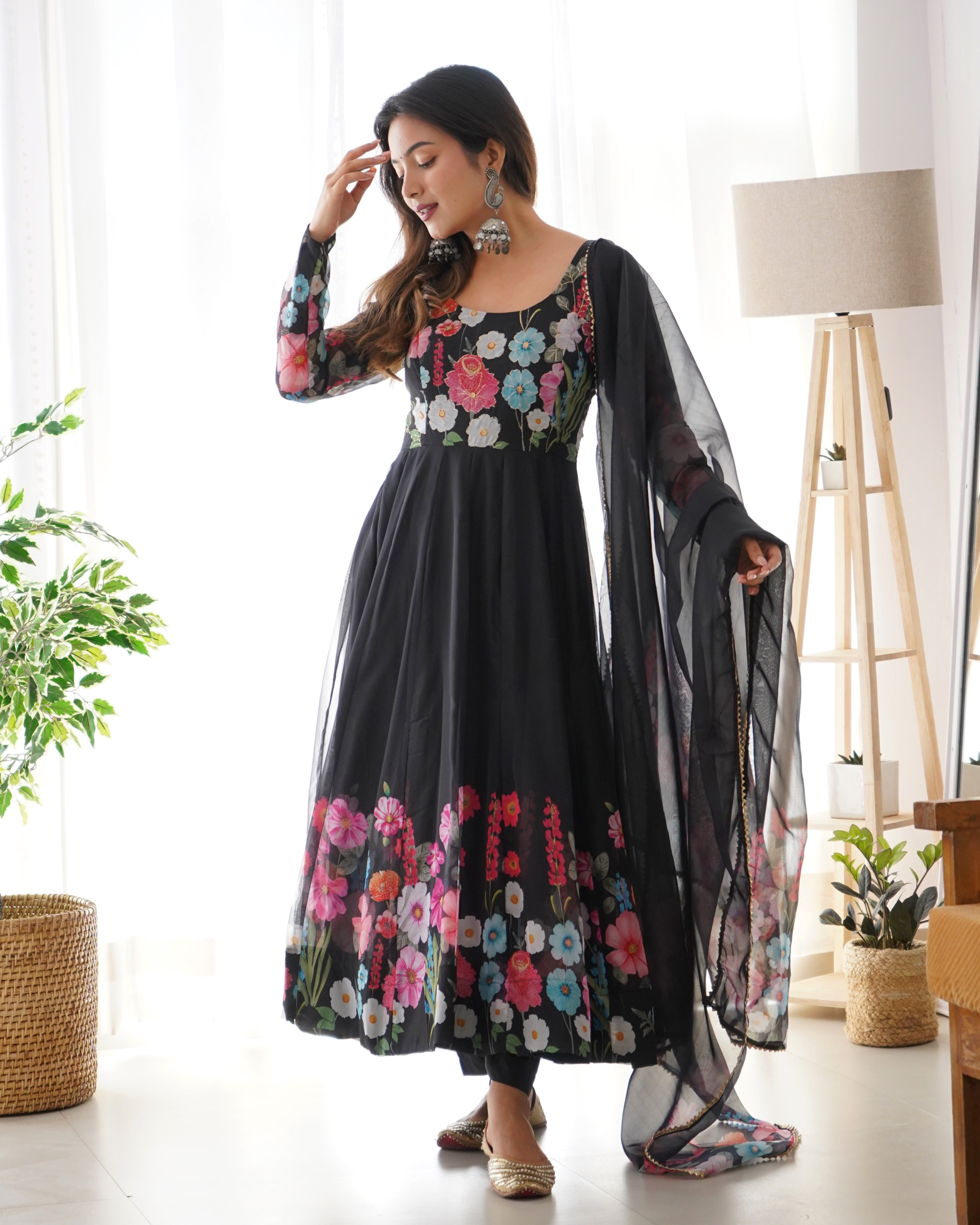 Lorenvalley Fashion Red Soft Organza Silk With Floral Print Fully Flared Anarkali Pant With Dupatta Set