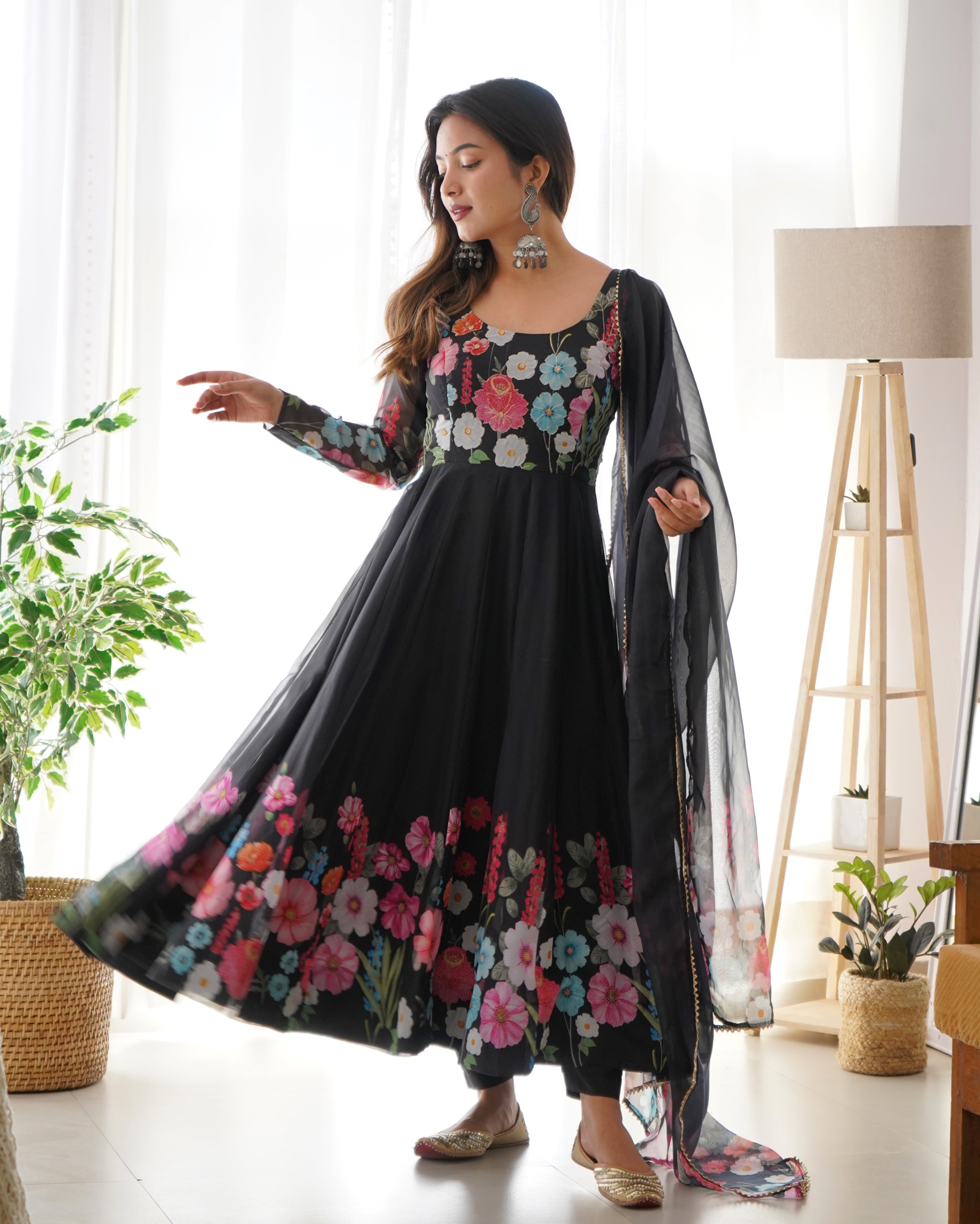 Lorenvalley Fashion Red Soft Organza Silk With Floral Print Fully Flared Anarkali Pant With Dupatta Set