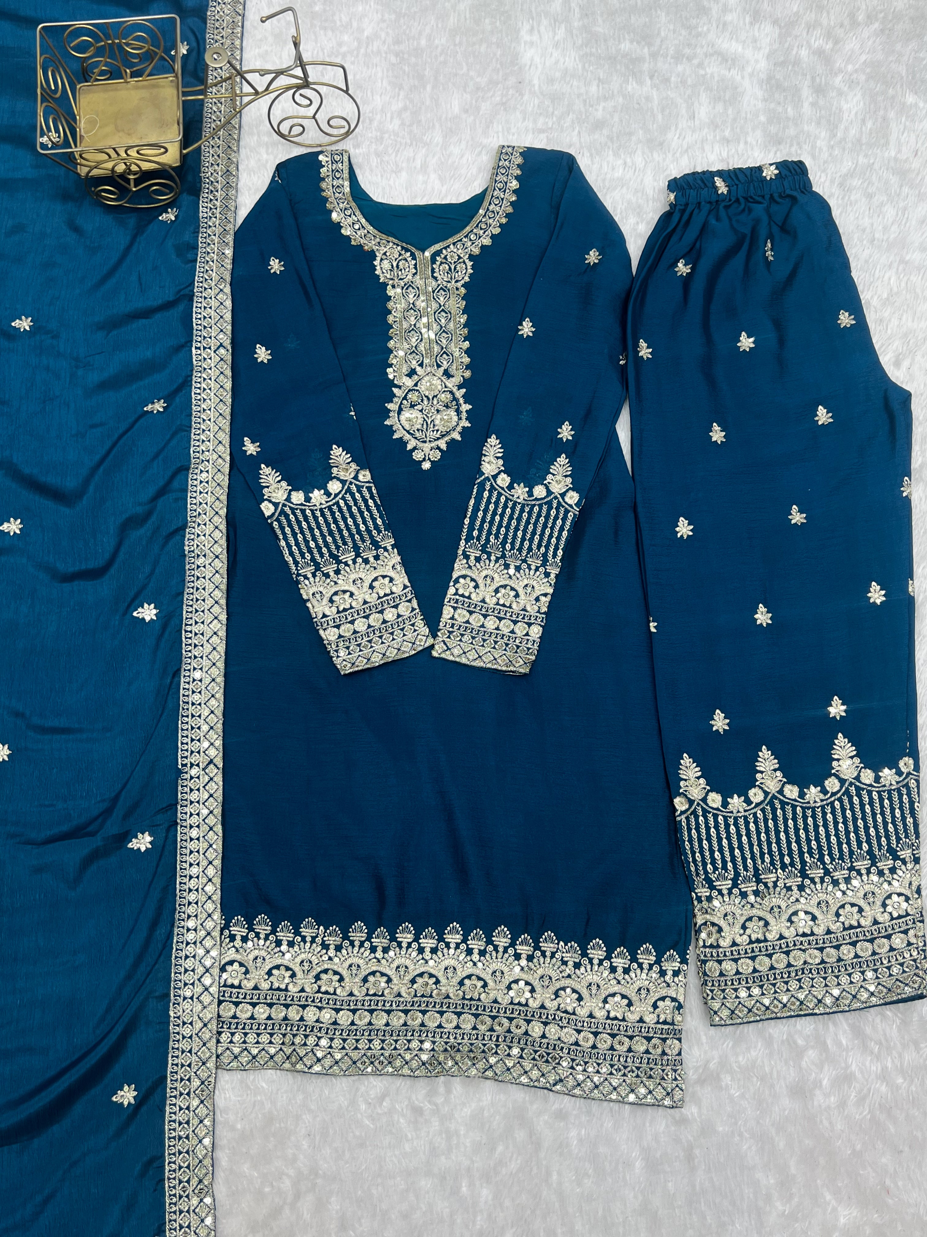 Elegant Navy Blue Sharara Suit with Gold Embroidered Trim