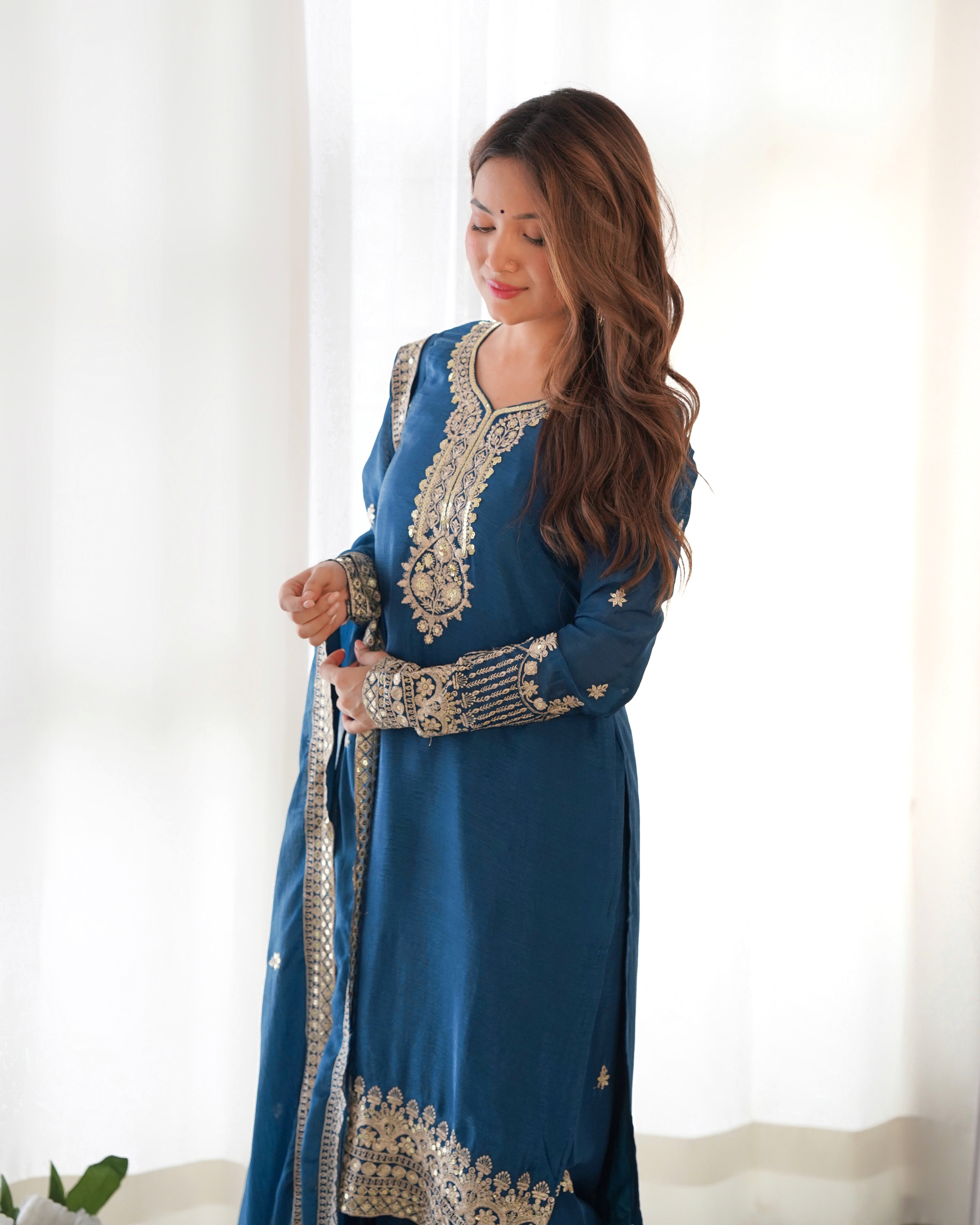 Elegant Navy Blue Sharara Suit with Gold Embroidered Trim