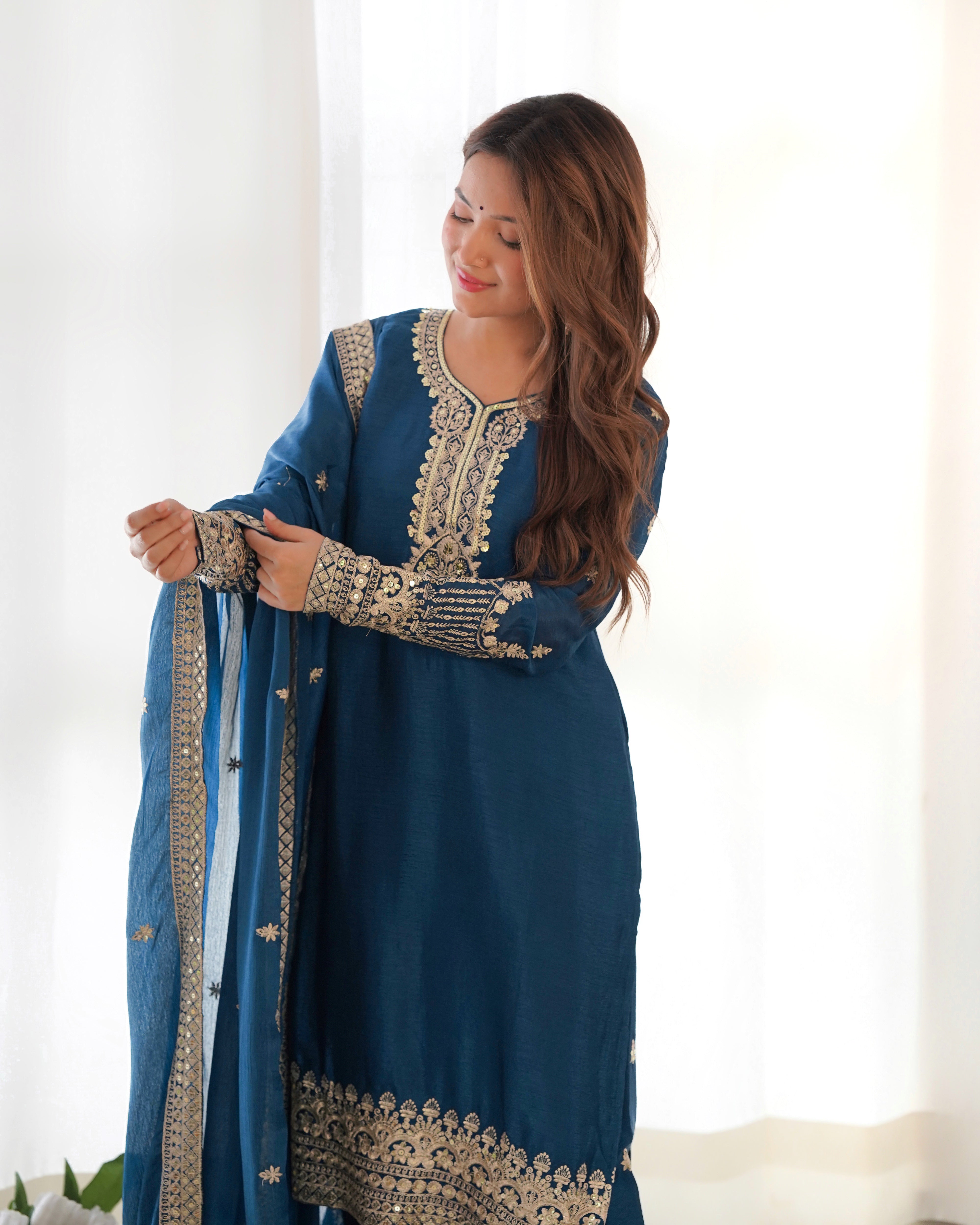 Elegant Navy Blue Sharara Suit with Gold Embroidered Trim
