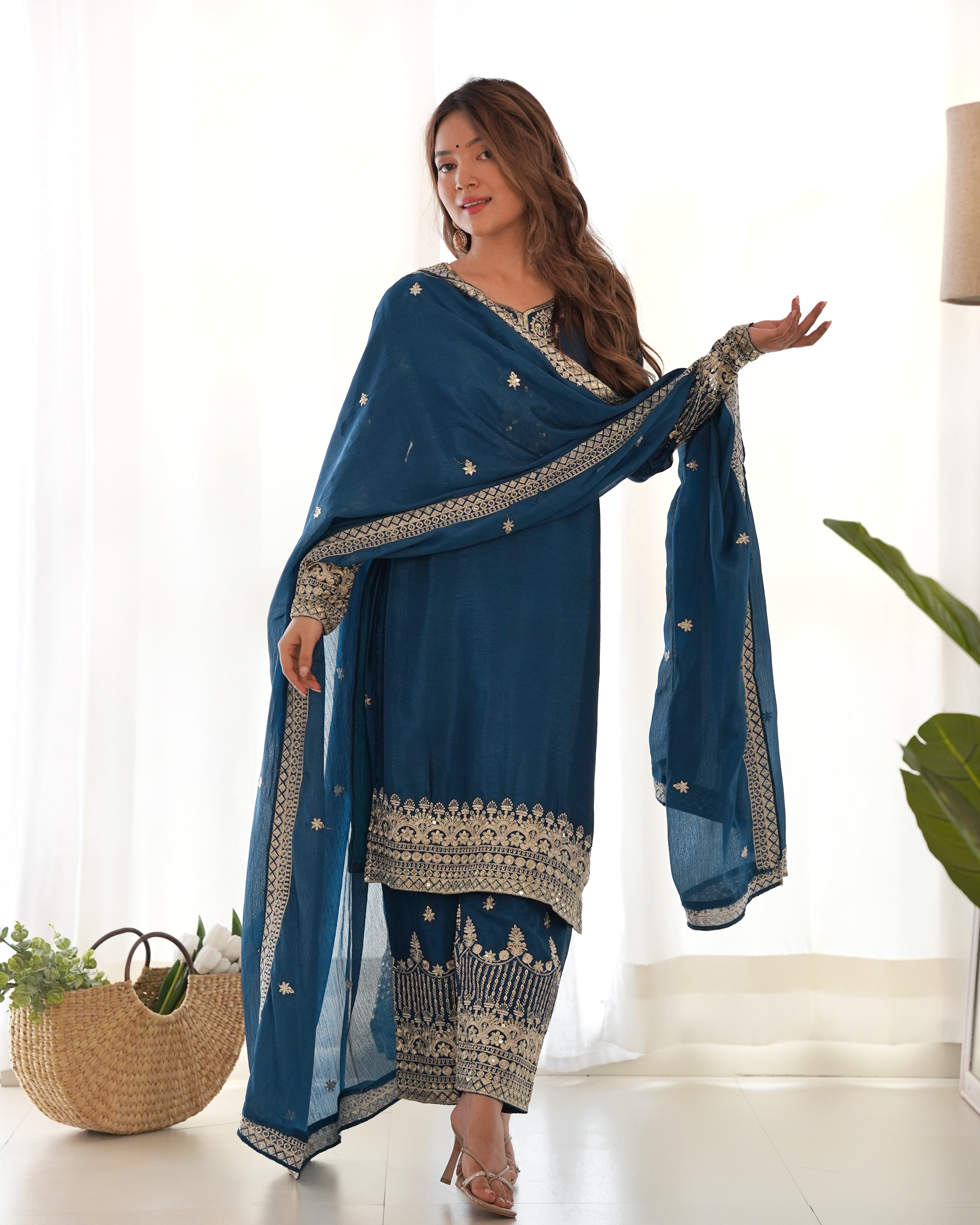 Elegant Navy Blue Sharara Suit with Gold Embroidered Trim