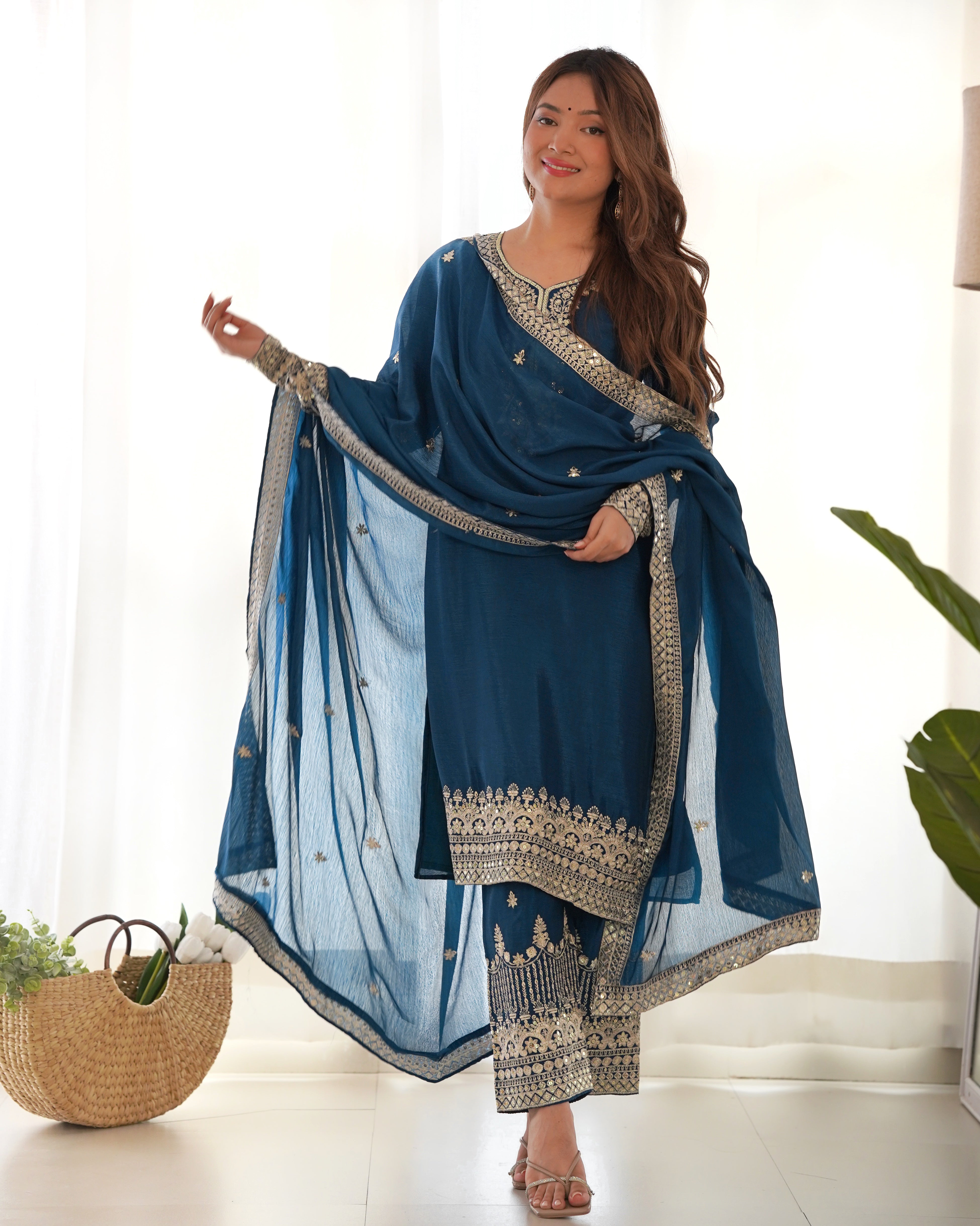 Elegant Navy Blue Sharara Suit with Gold Embroidered Trim