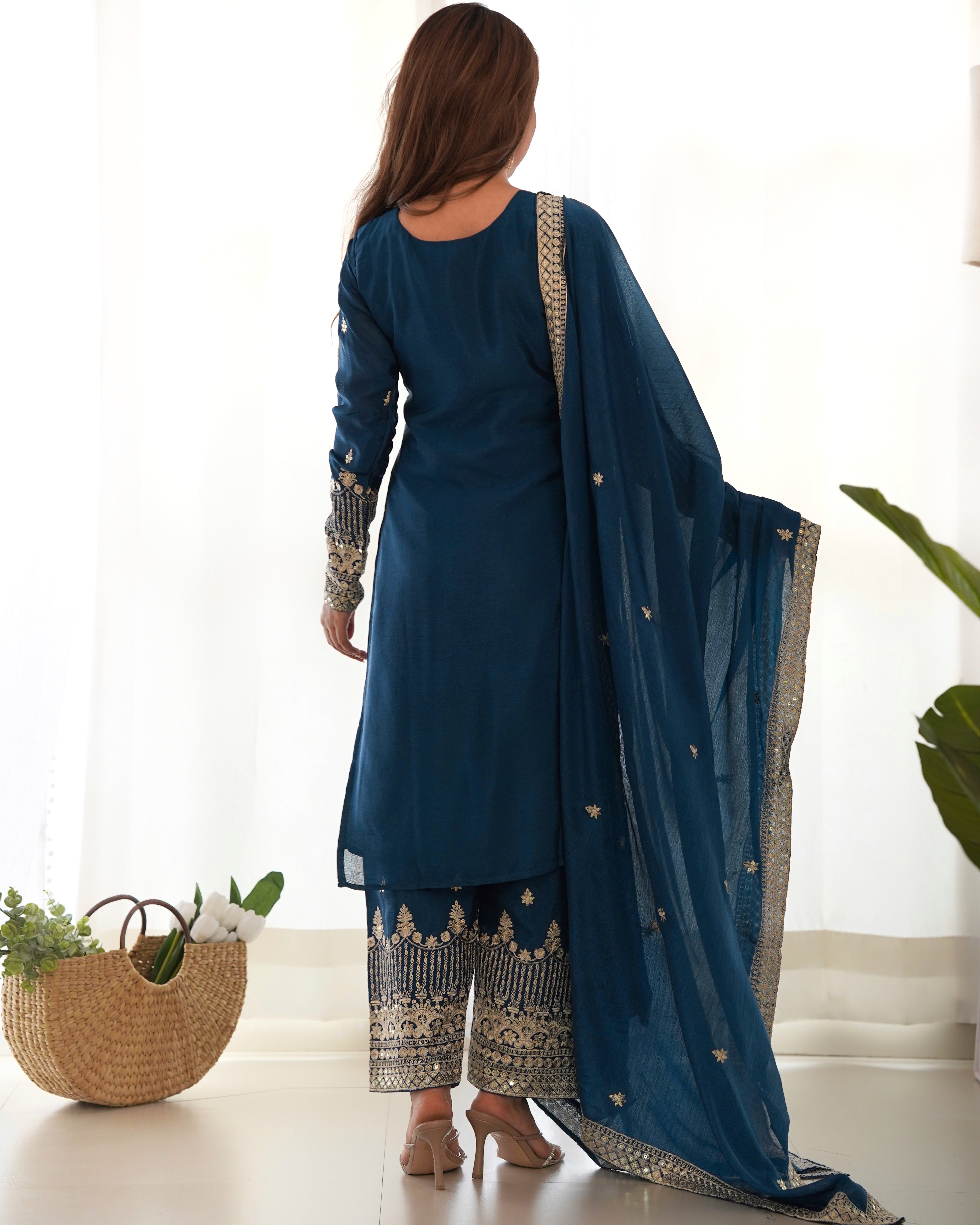 Elegant Navy Blue Sharara Suit with Gold Embroidered Trim