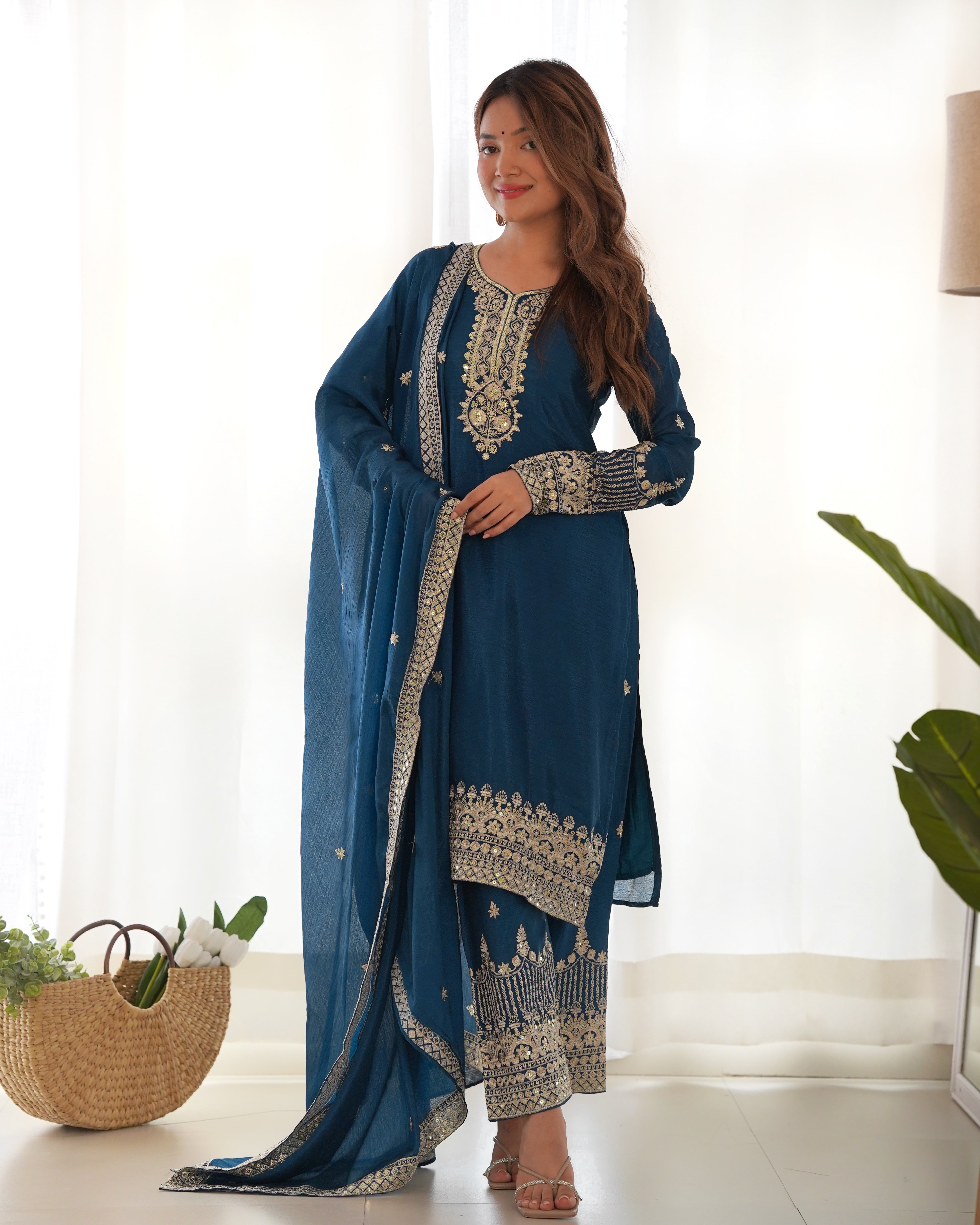 Elegant Navy Blue Sharara Suit with Gold Embroidered Trim