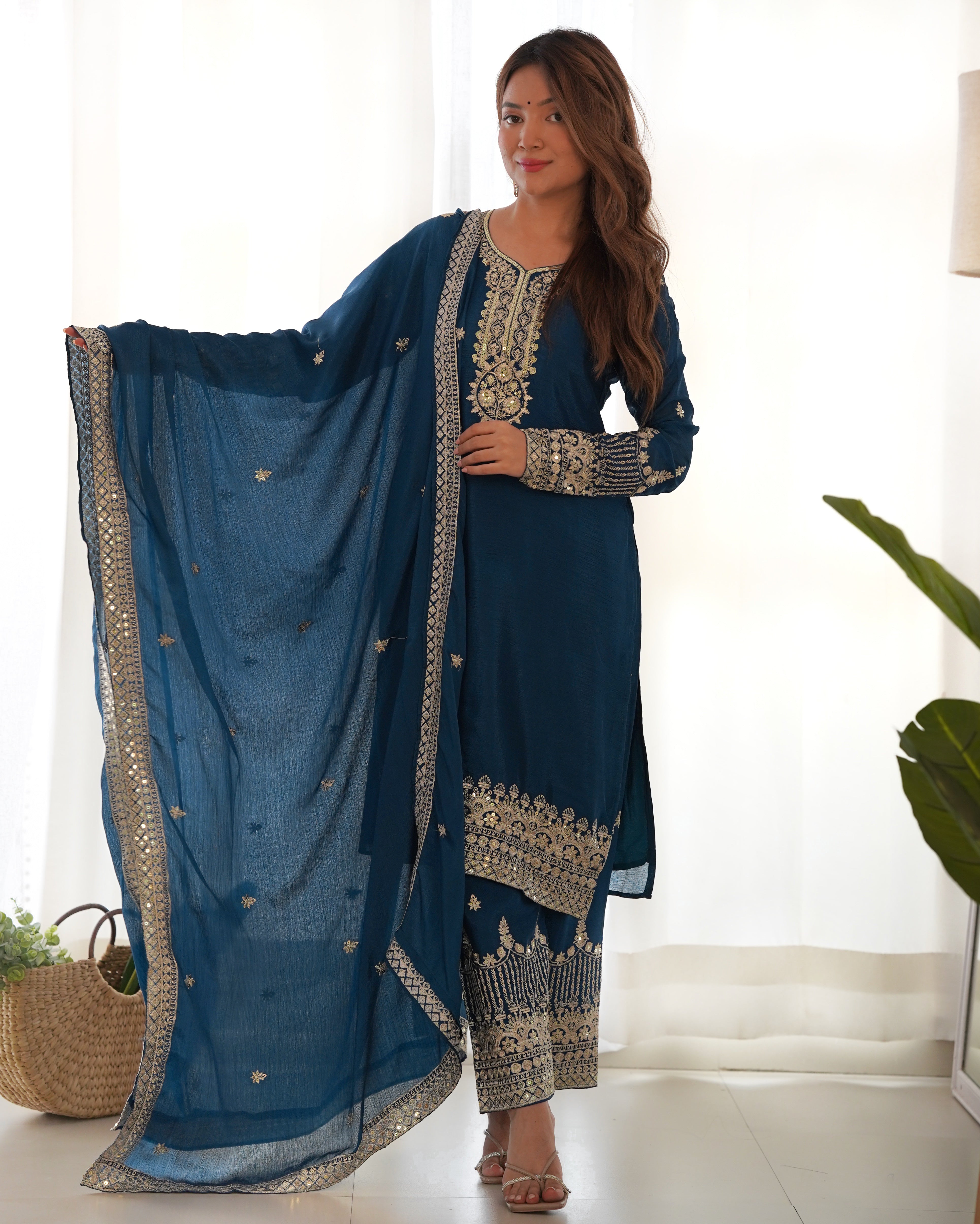 Elegant Navy Blue Sharara Suit with Gold Embroidered Trim