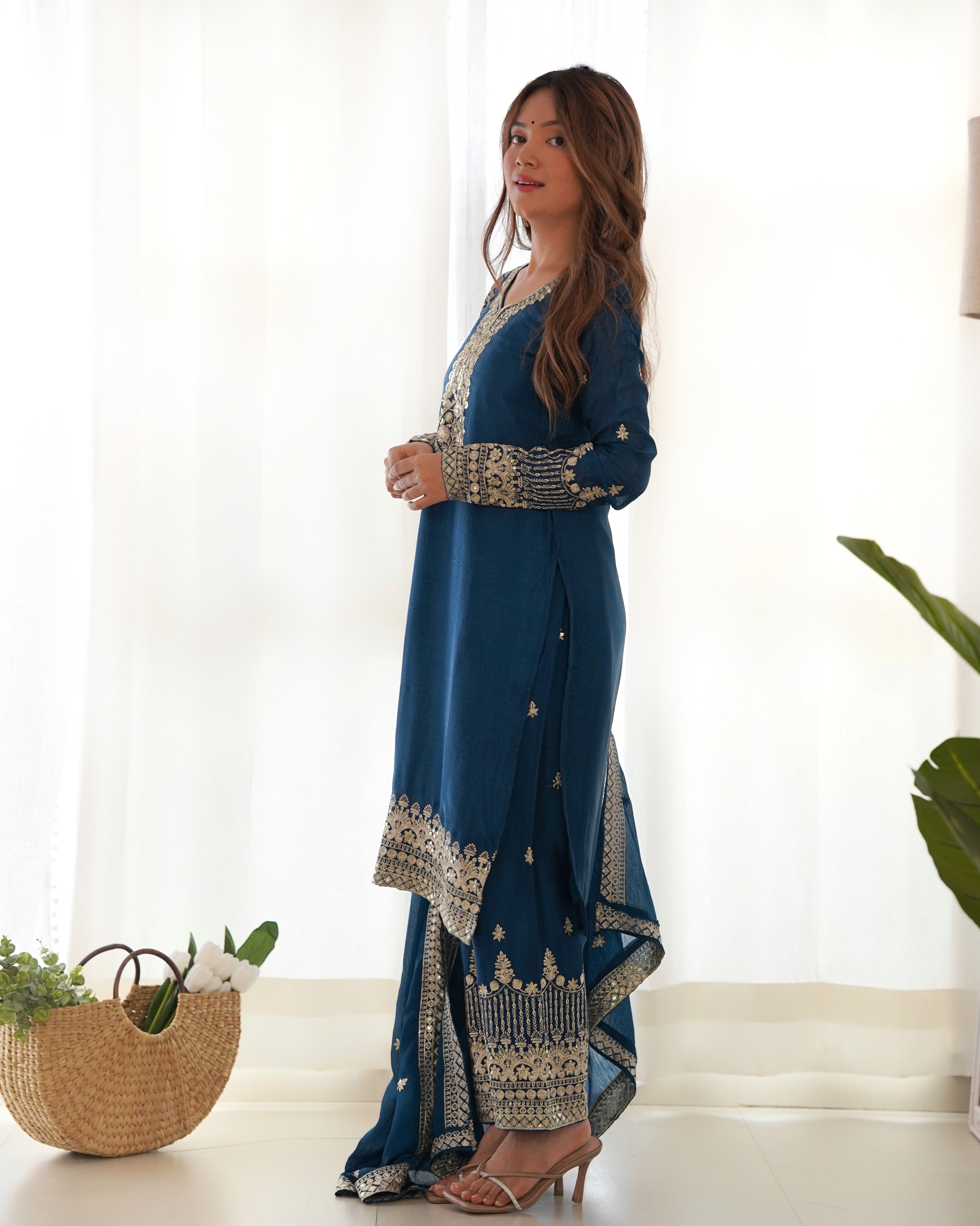 Elegant Navy Blue Sharara Suit with Gold Embroidered Trim