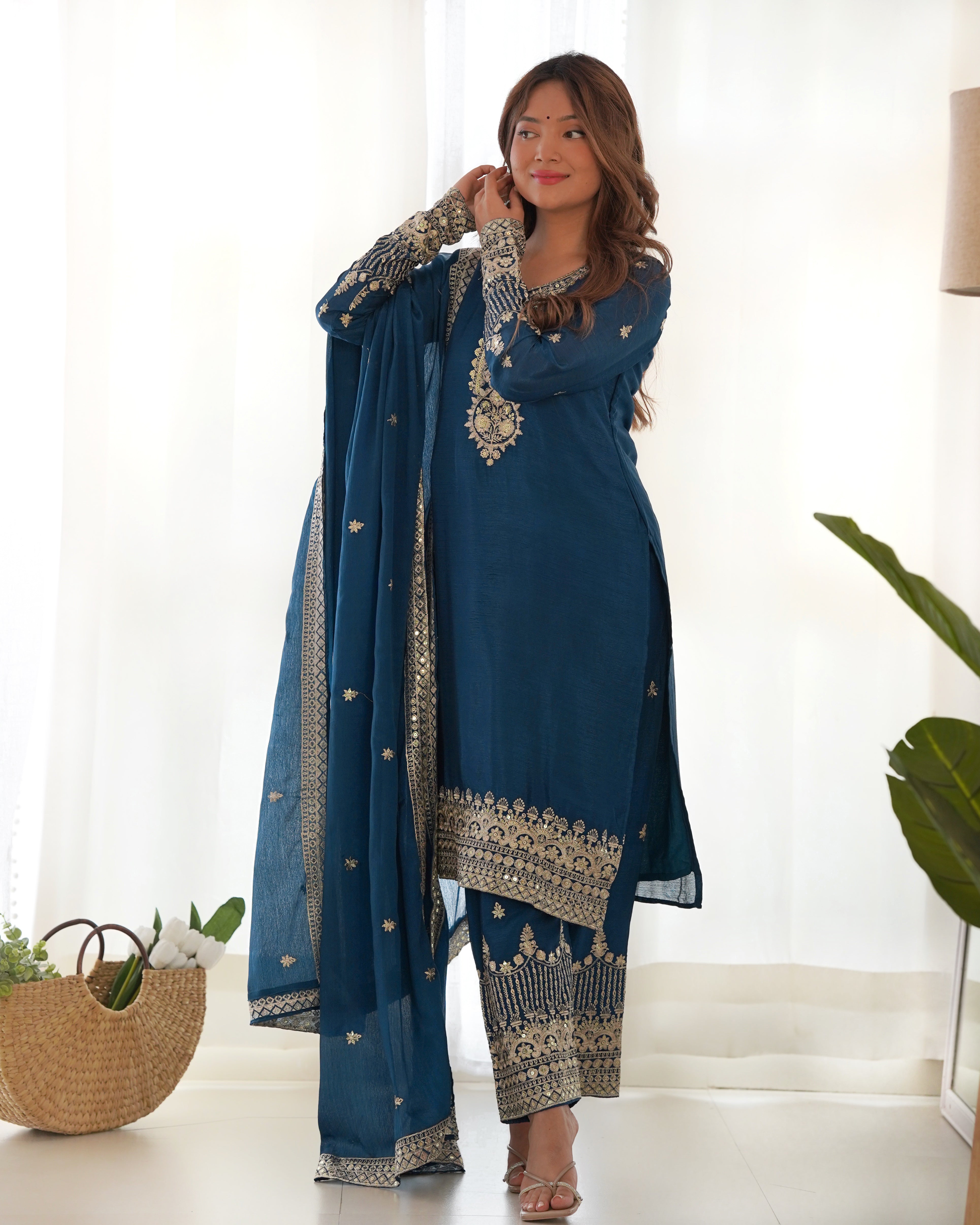 Elegant Navy Blue Sharara Suit with Gold Embroidered Trim