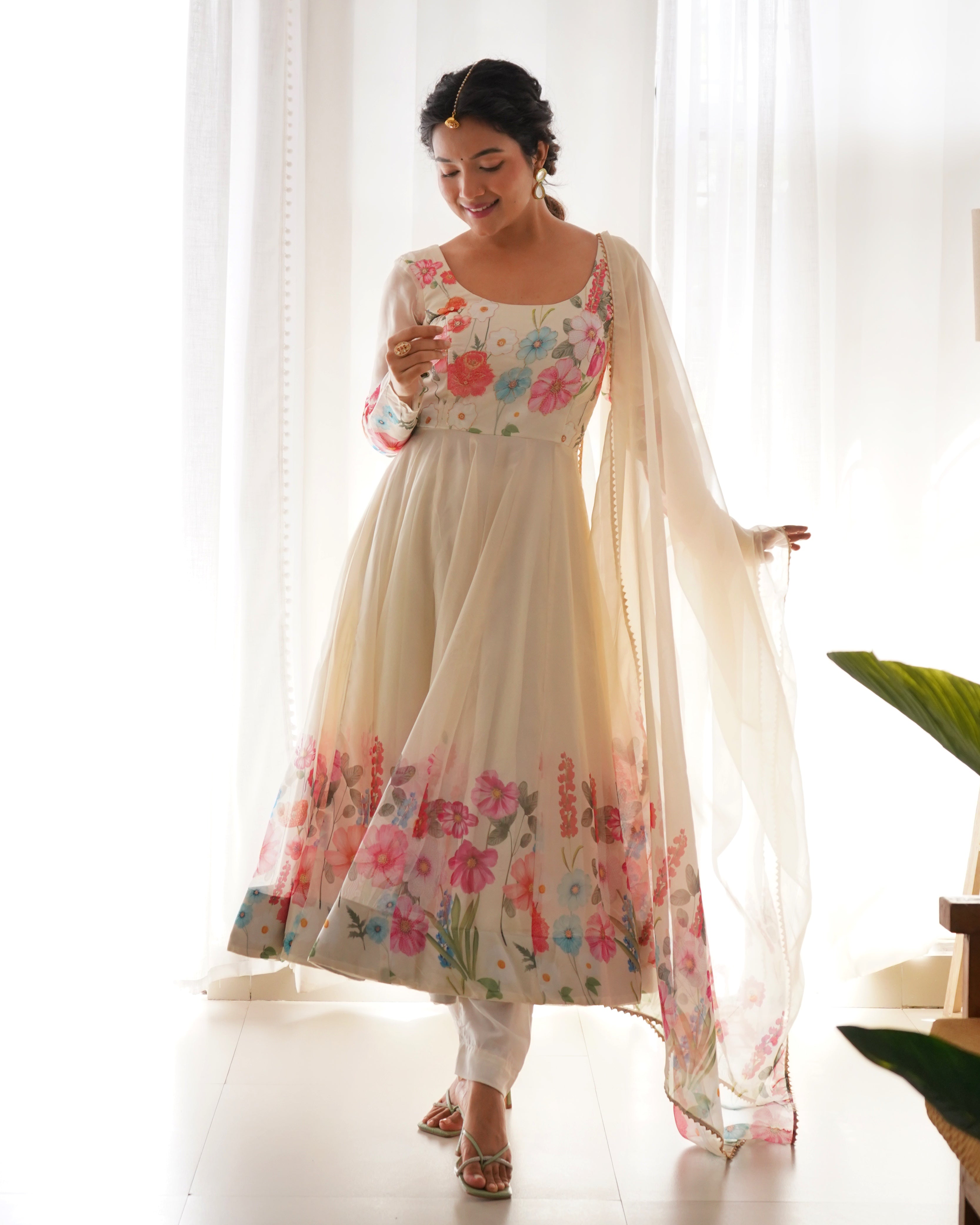 Lorenvalley Fashion Red Soft Organza Silk With Floral Print Fully Flared Anarkali Pant With Dupatta Set