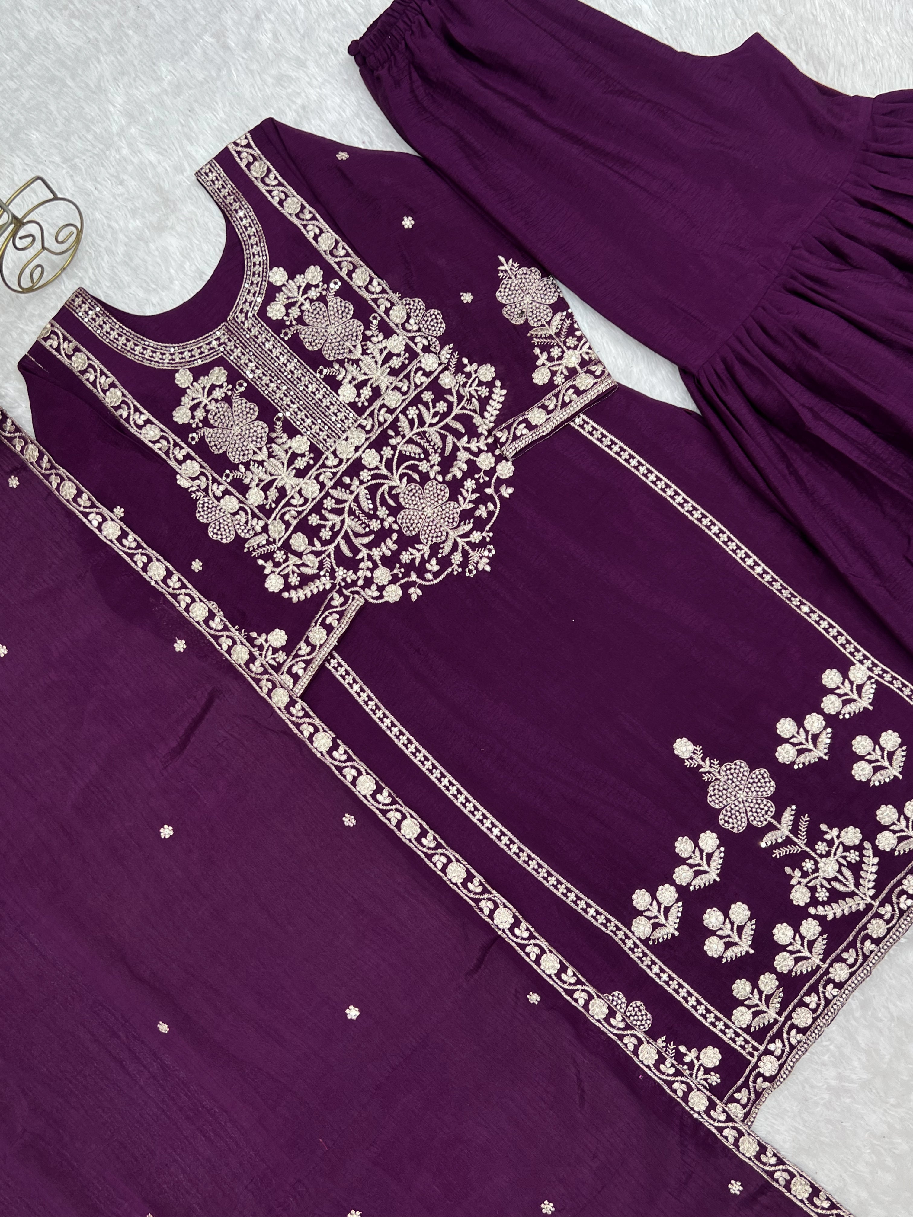 Women’s Pure Chinon Silk Kurta Sharara Set with Dupatta | Heavy Embroidery