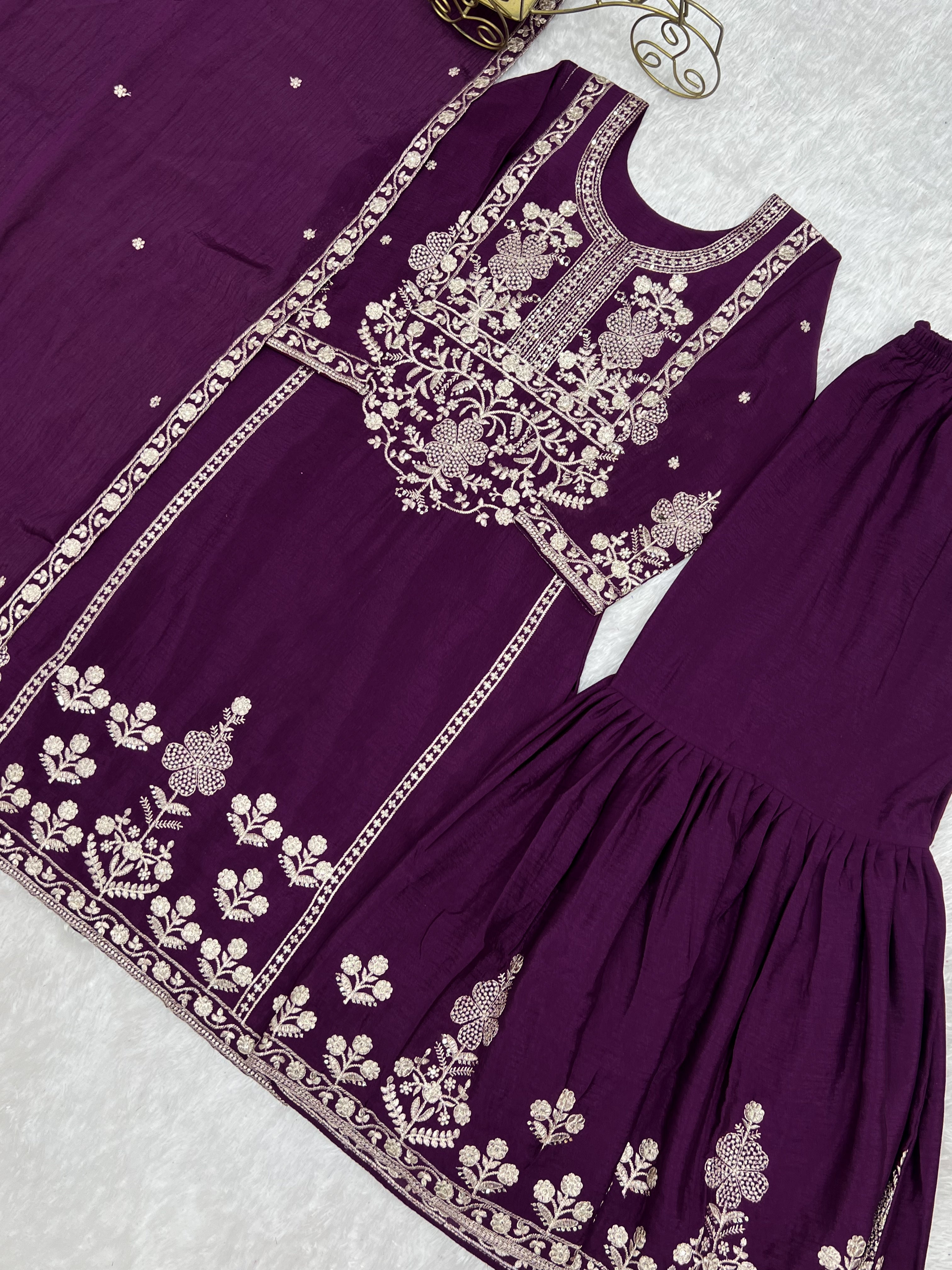 Women’s Pure Chinon Silk Kurta Sharara Set with Dupatta | Heavy Embroidery