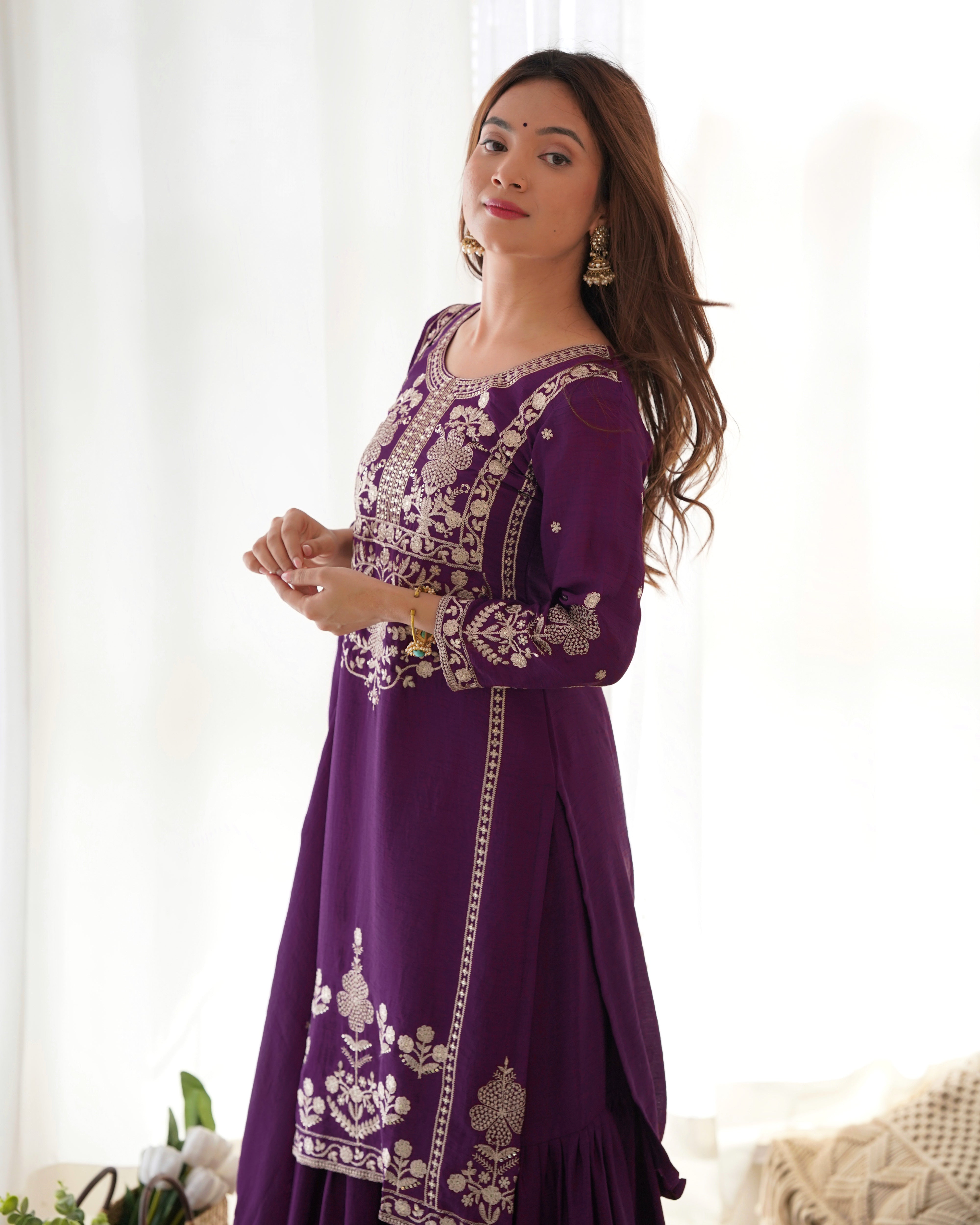 Women’s Pure Chinon Silk Kurta Sharara Set with Dupatta | Heavy Embroidery