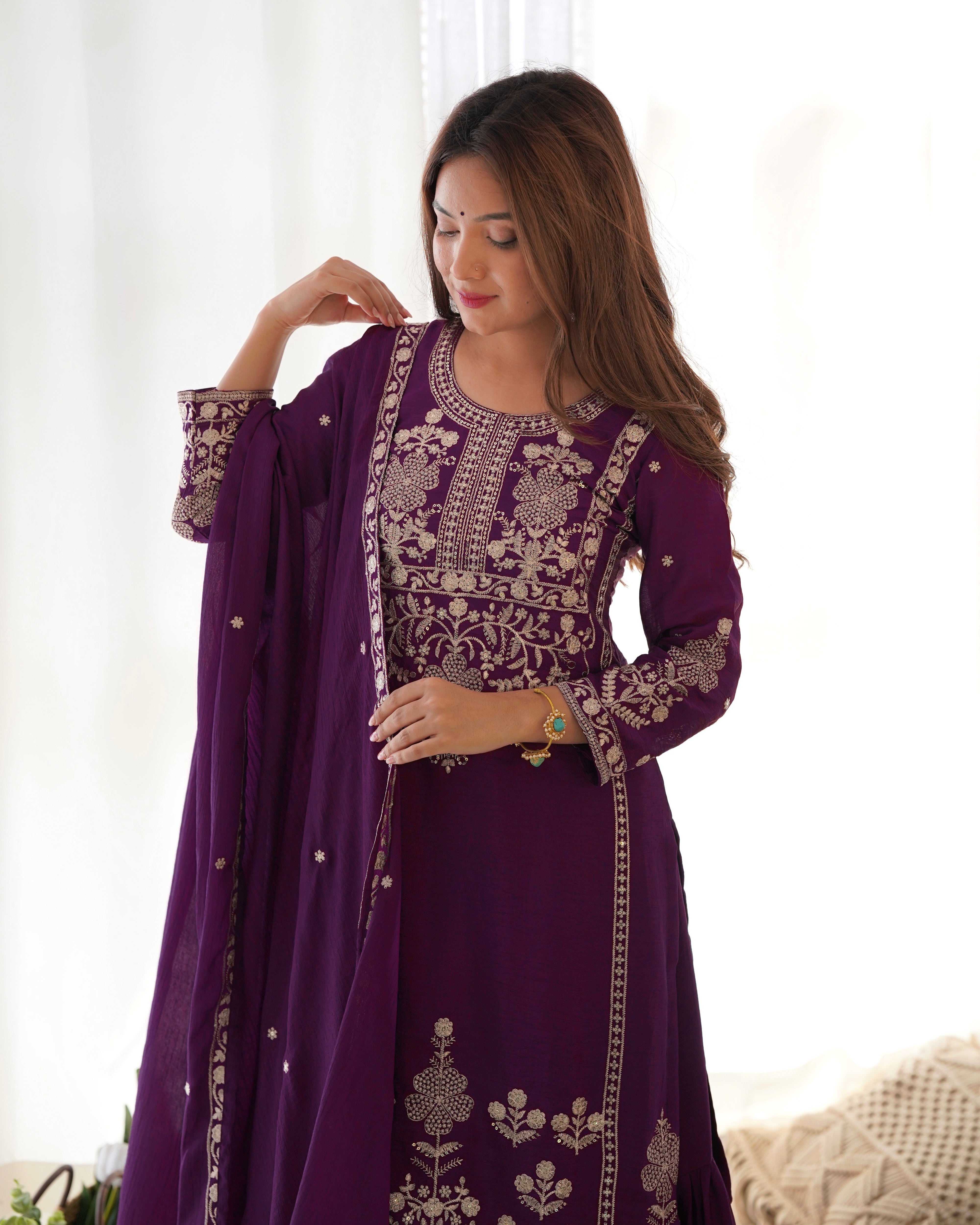 Women’s Pure Chinon Silk Kurta Sharara Set with Dupatta | Heavy Embroidery