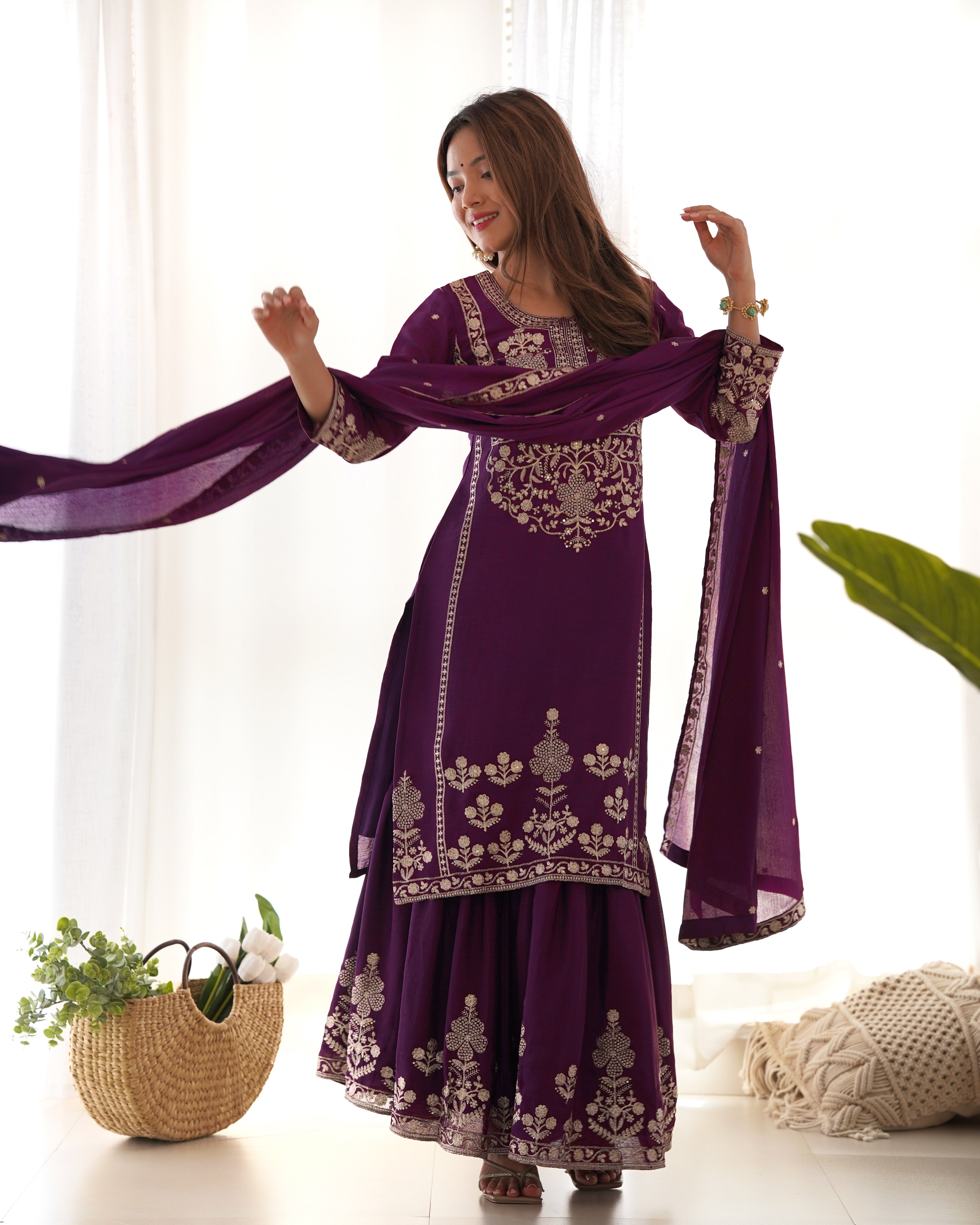 Women’s Pure Chinon Silk Kurta Sharara Set with Dupatta | Heavy Embroidery