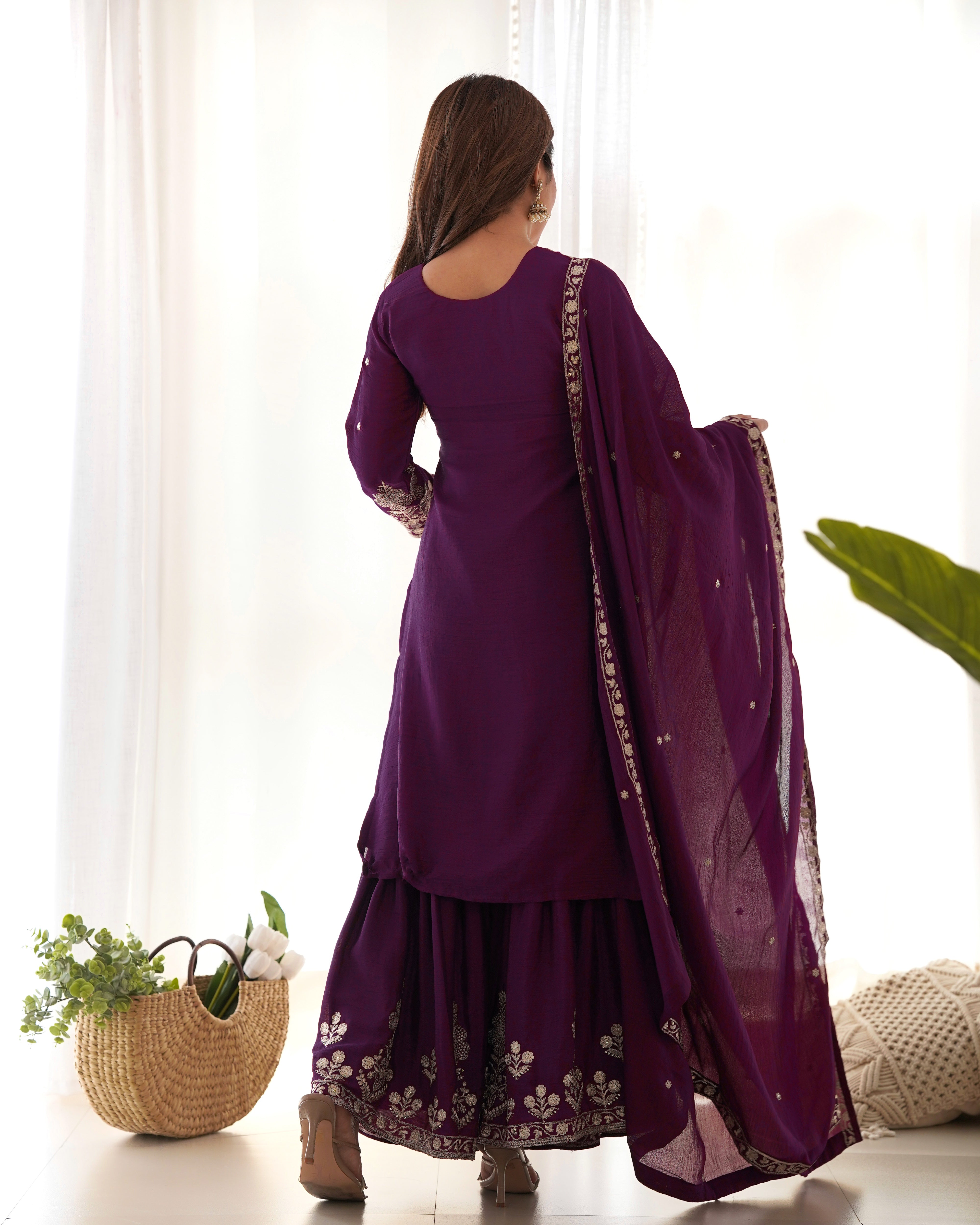 Women’s Pure Chinon Silk Kurta Sharara Set with Dupatta | Heavy Embroidery
