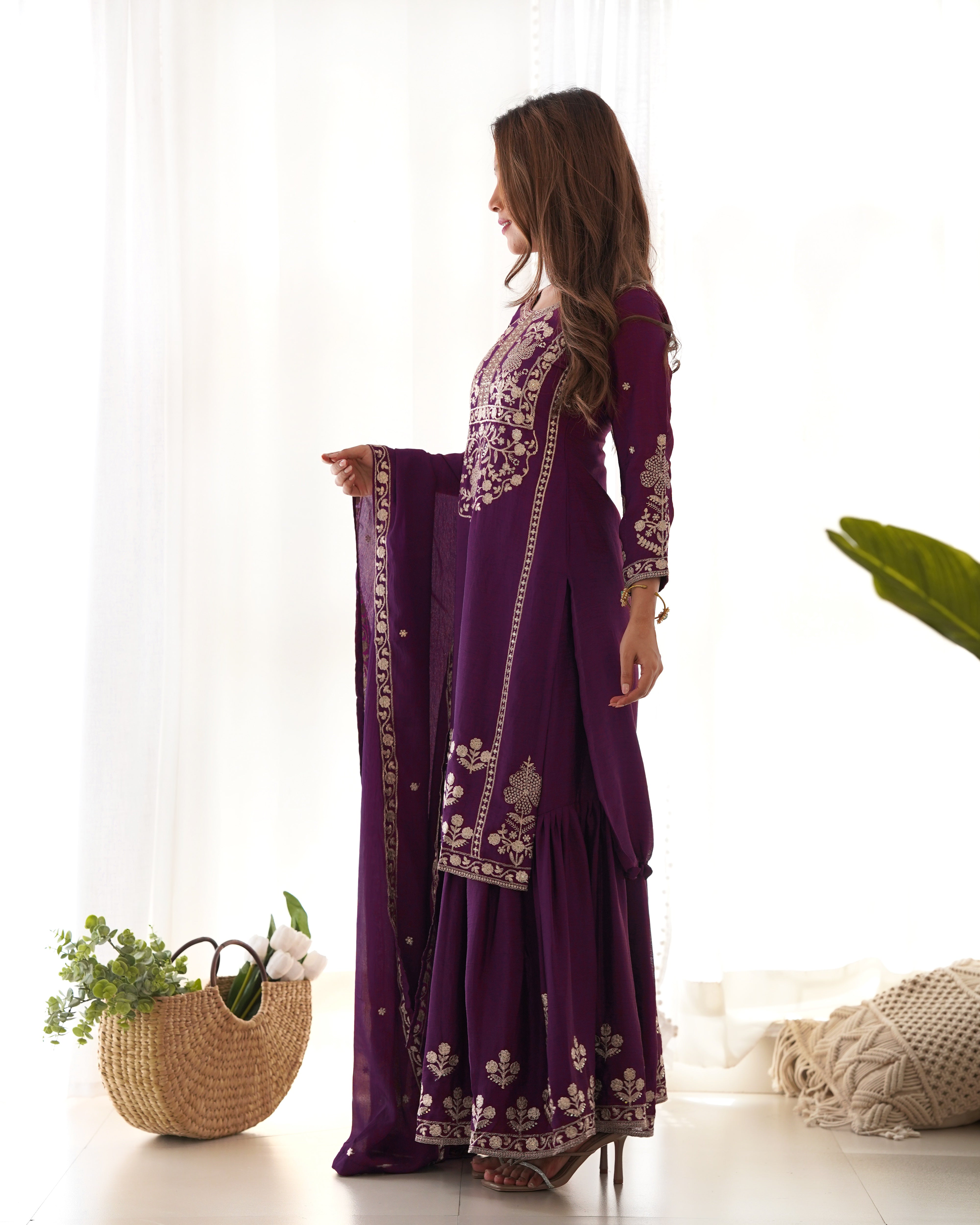 Women’s Pure Chinon Silk Kurta Sharara Set with Dupatta | Heavy Embroidery
