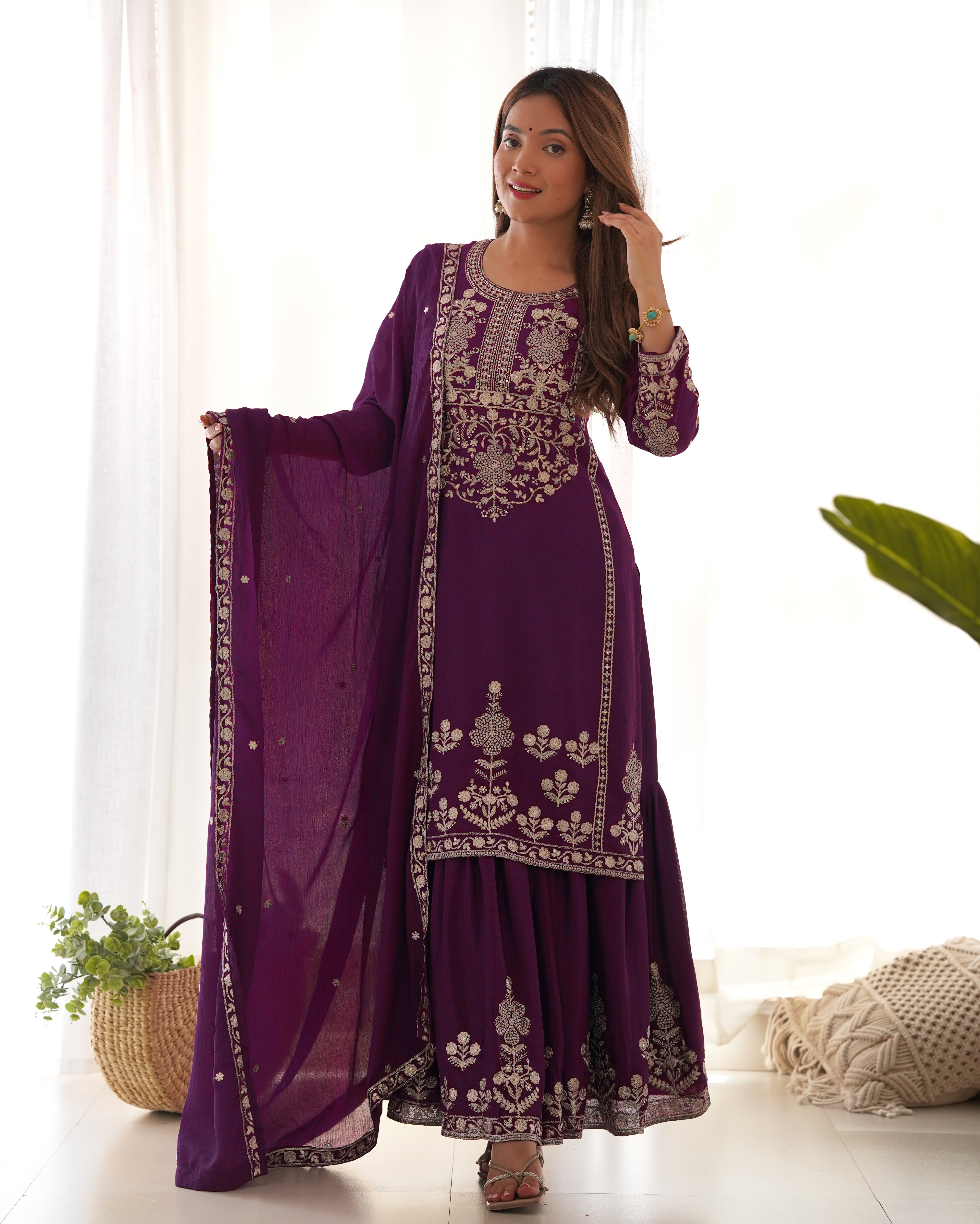 Women’s Pure Chinon Silk Kurta Sharara Set with Dupatta | Heavy Embroidery