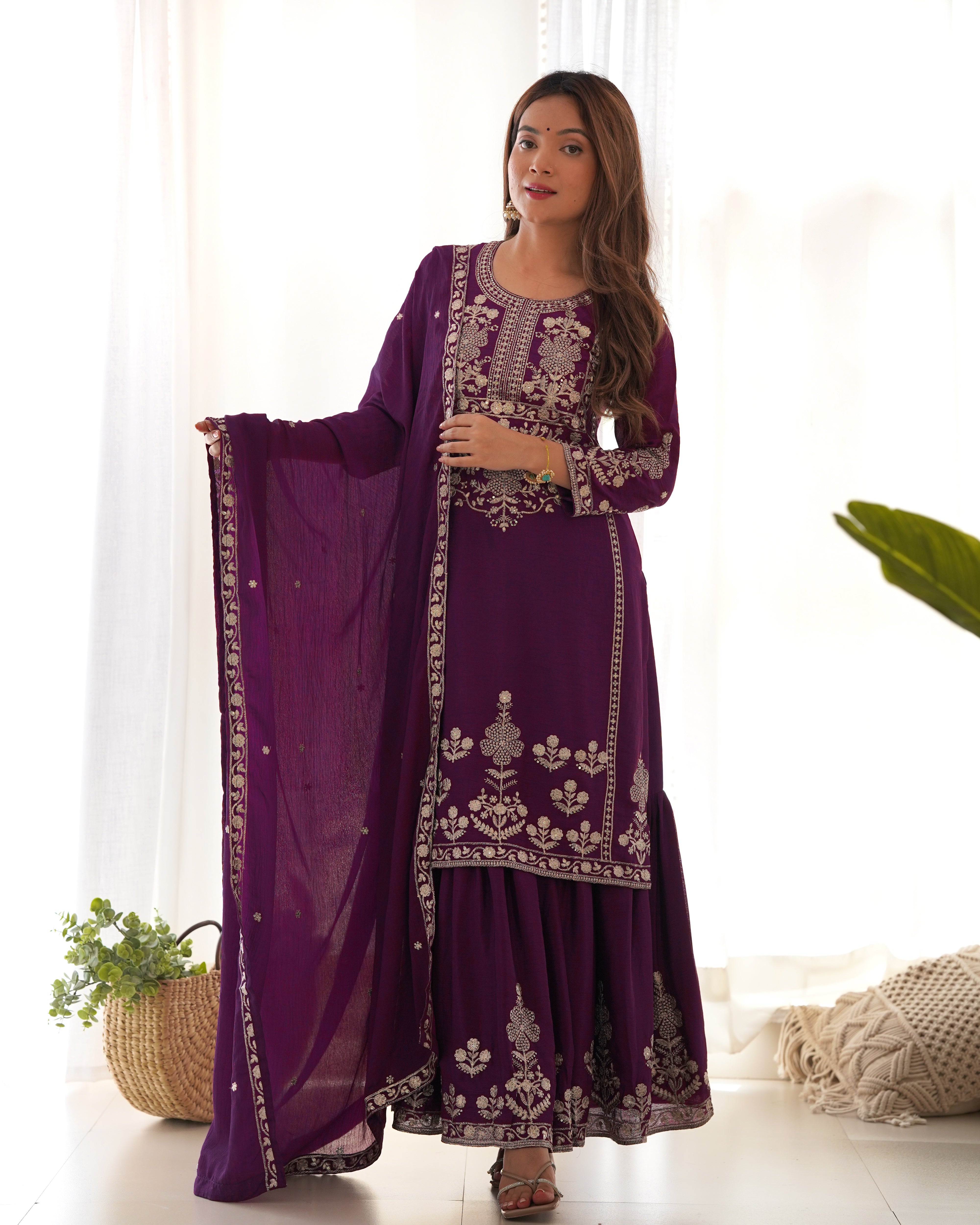 Women’s Pure Chinon Silk Kurta Sharara Set with Dupatta | Heavy Embroidery