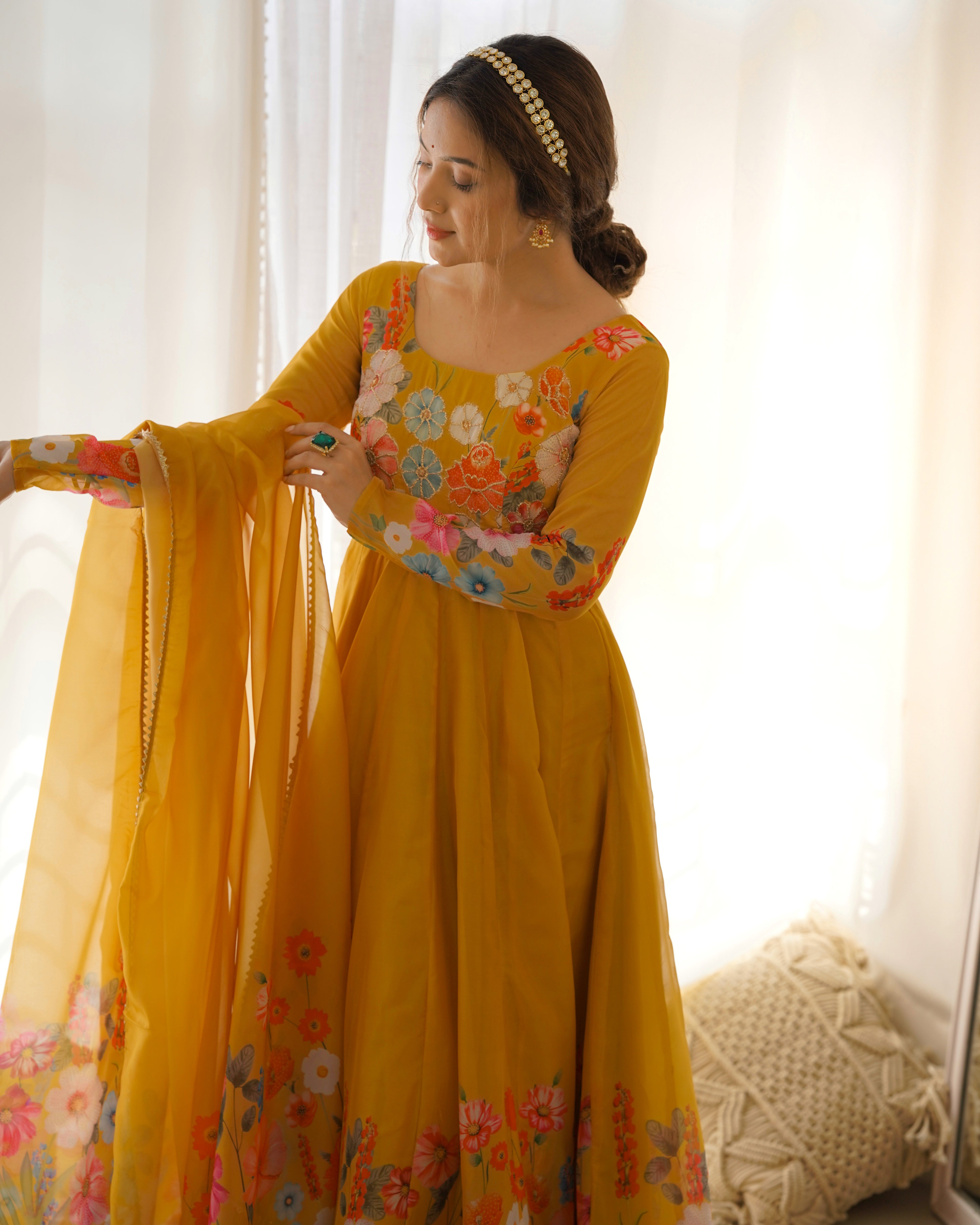 Lorenvalley Fashion Red Soft Organza Silk With Floral Print Fully Flared Anarkali Pant With Dupatta Set