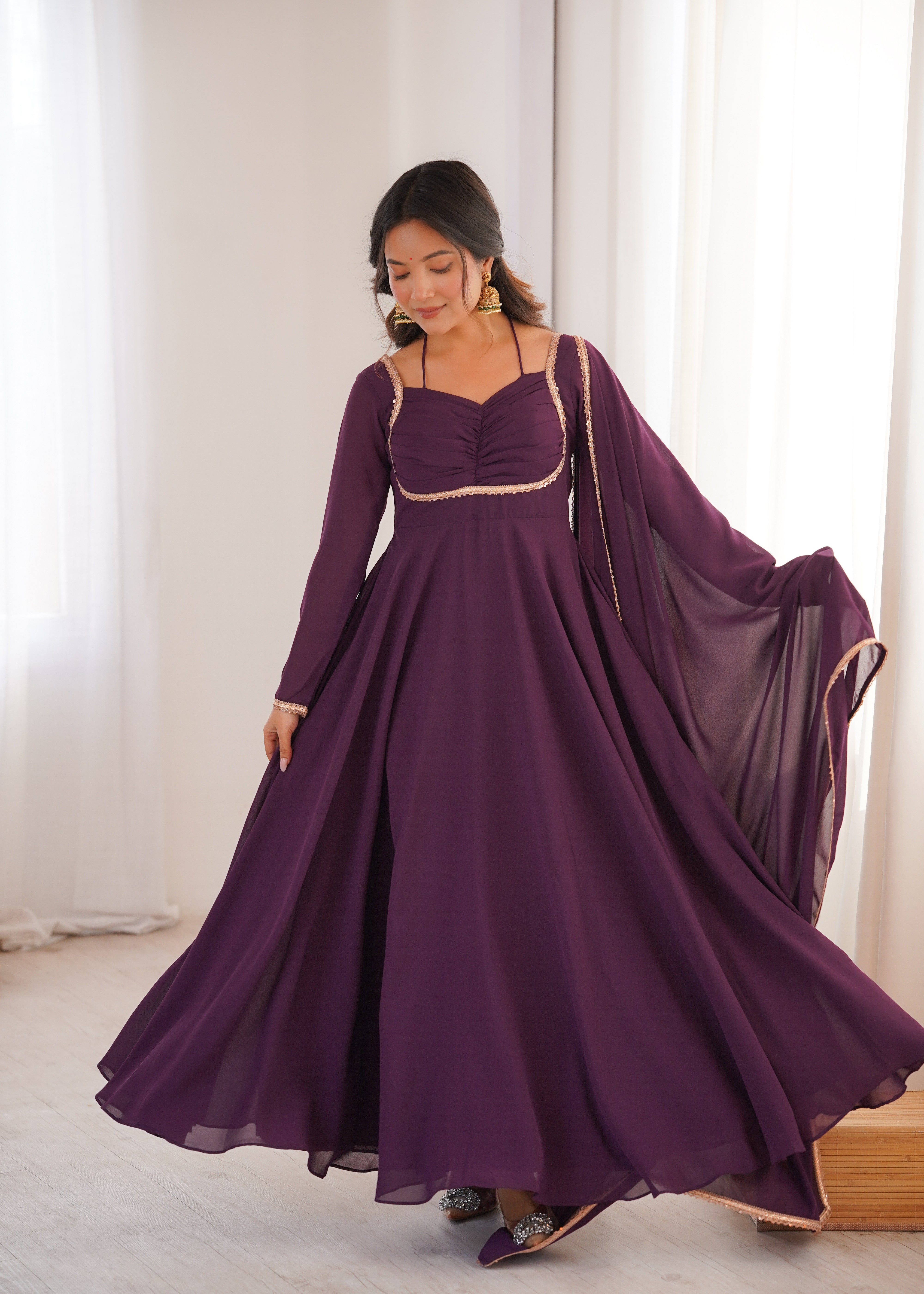 Anarkali Dress with Sheer Dupatta and Embellished Detailing
