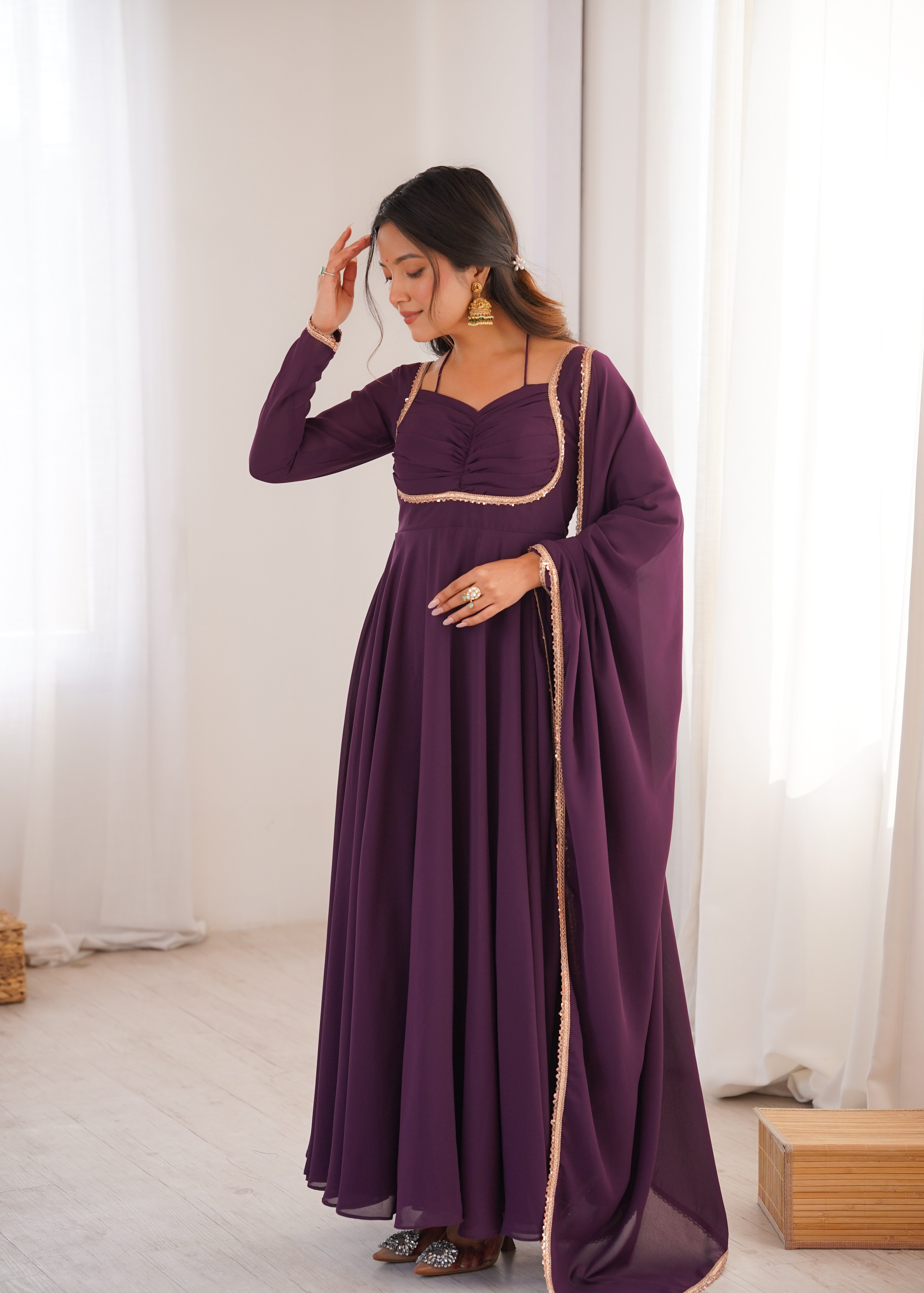 Anarkali Dress with Sheer Dupatta and Embellished Detailing
