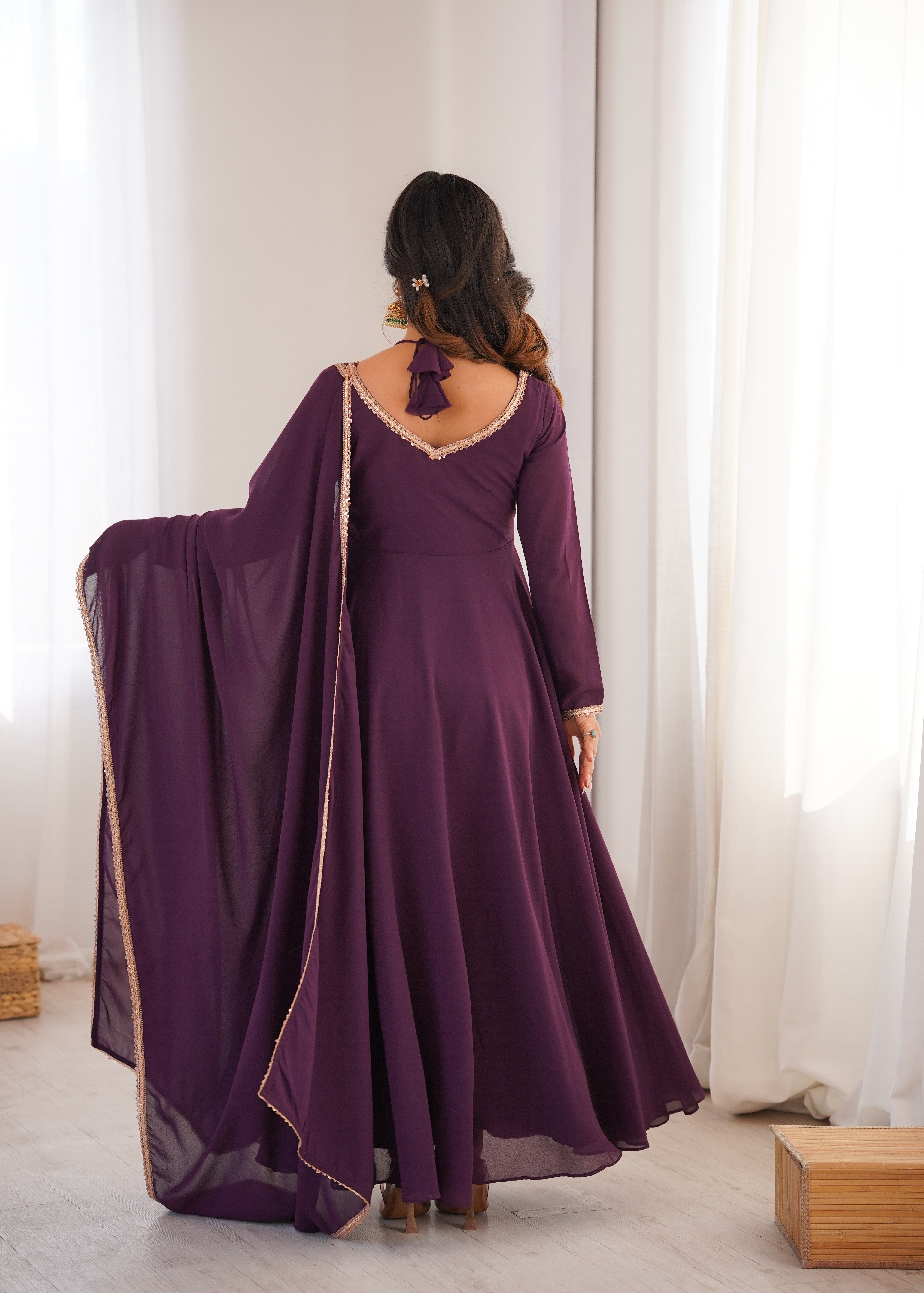 Anarkali Dress with Sheer Dupatta and Embellished Detailing
