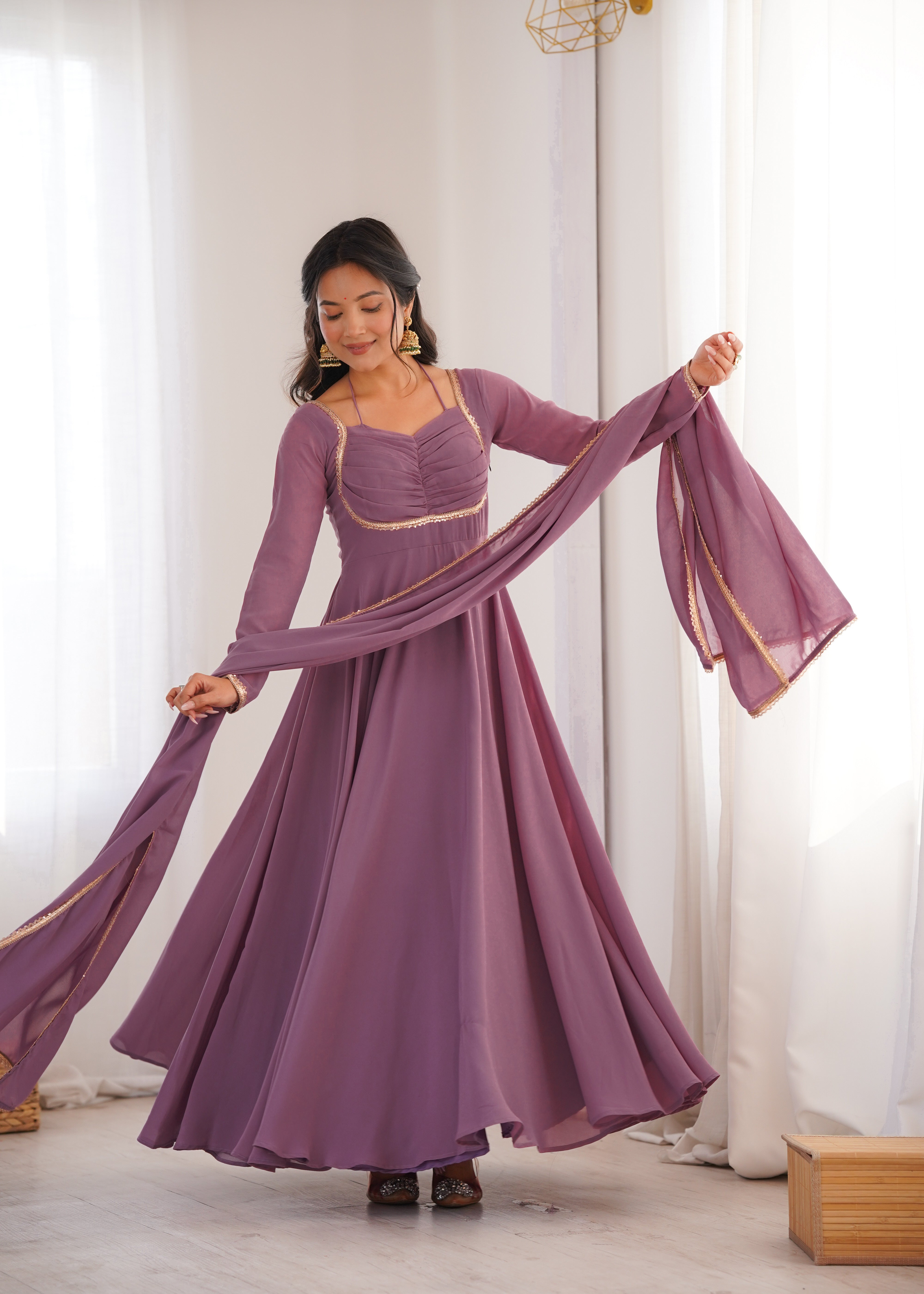 Anarkali Dress with Sheer Dupatta and Embellished Detailing
