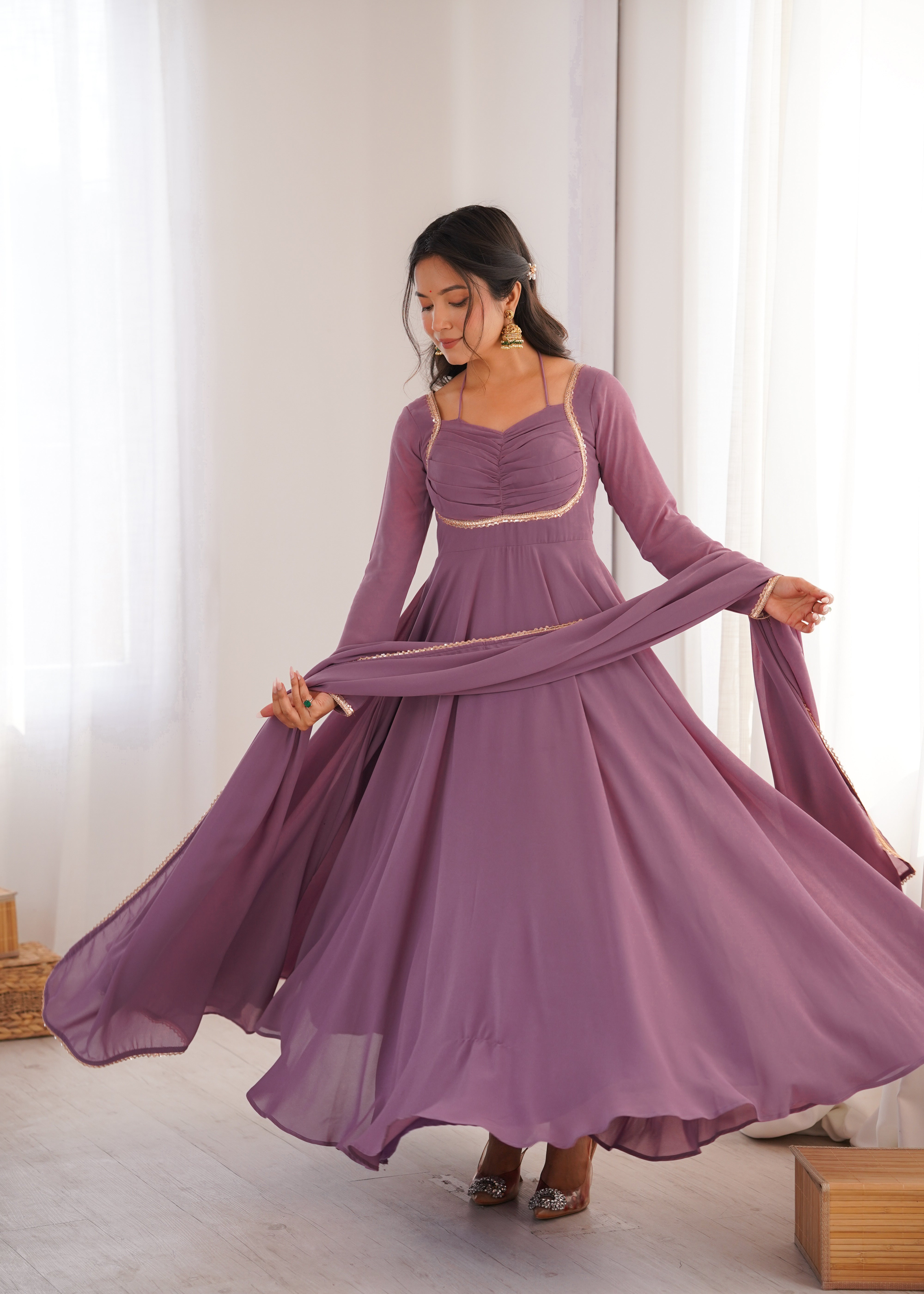 Anarkali Dress with Sheer Dupatta and Embellished Detailing