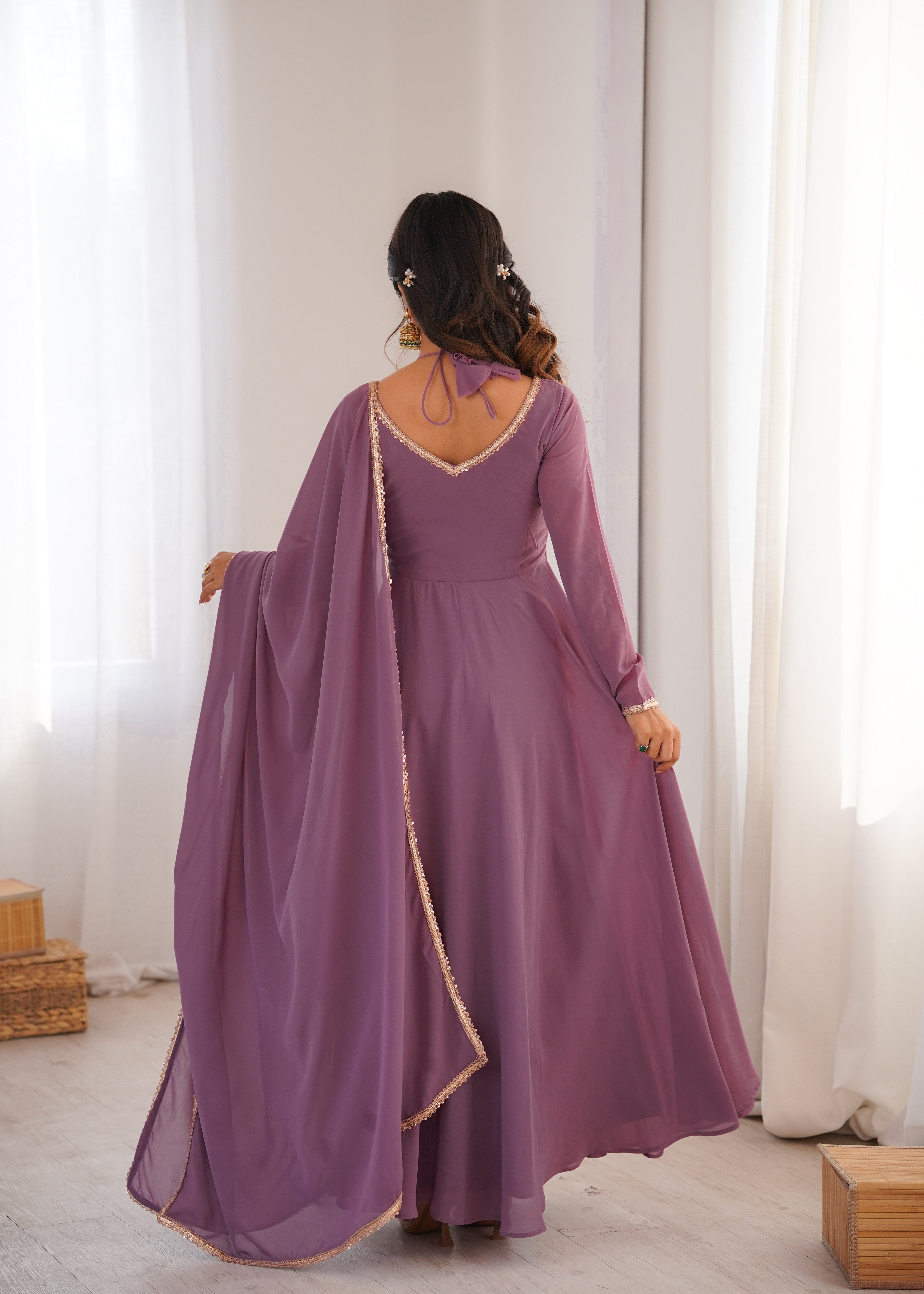 Anarkali Dress with Sheer Dupatta and Embellished Detailing