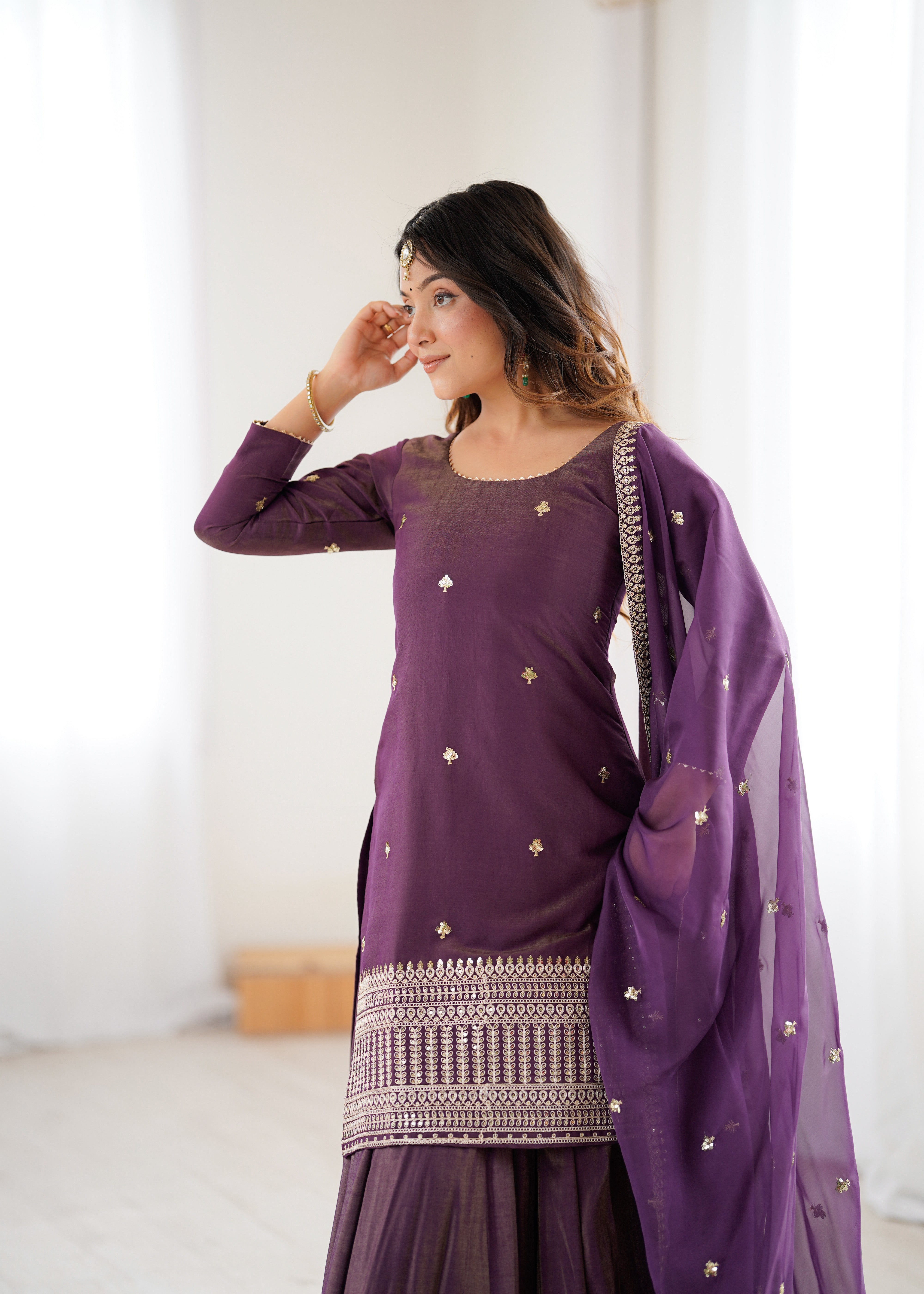 PURE ROMANSHIMMER CHANDERI SILK FABRIC KURTA WITH FULLY FLARE LAHENGA WITH DUPPTA SET READY TO WEAR