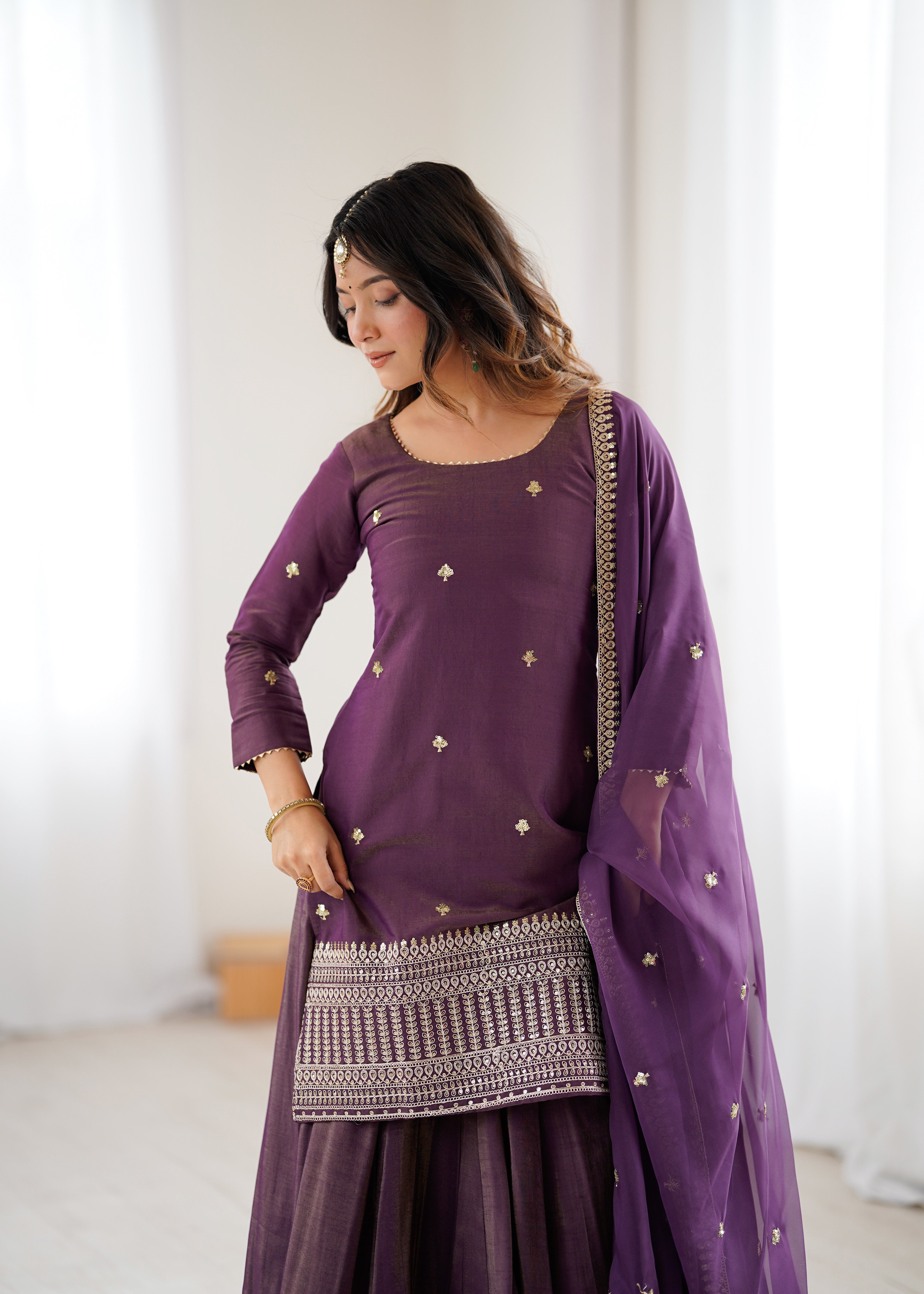 PURE ROMANSHIMMER CHANDERI SILK FABRIC KURTA WITH FULLY FLARE LAHENGA WITH DUPPTA SET READY TO WEAR