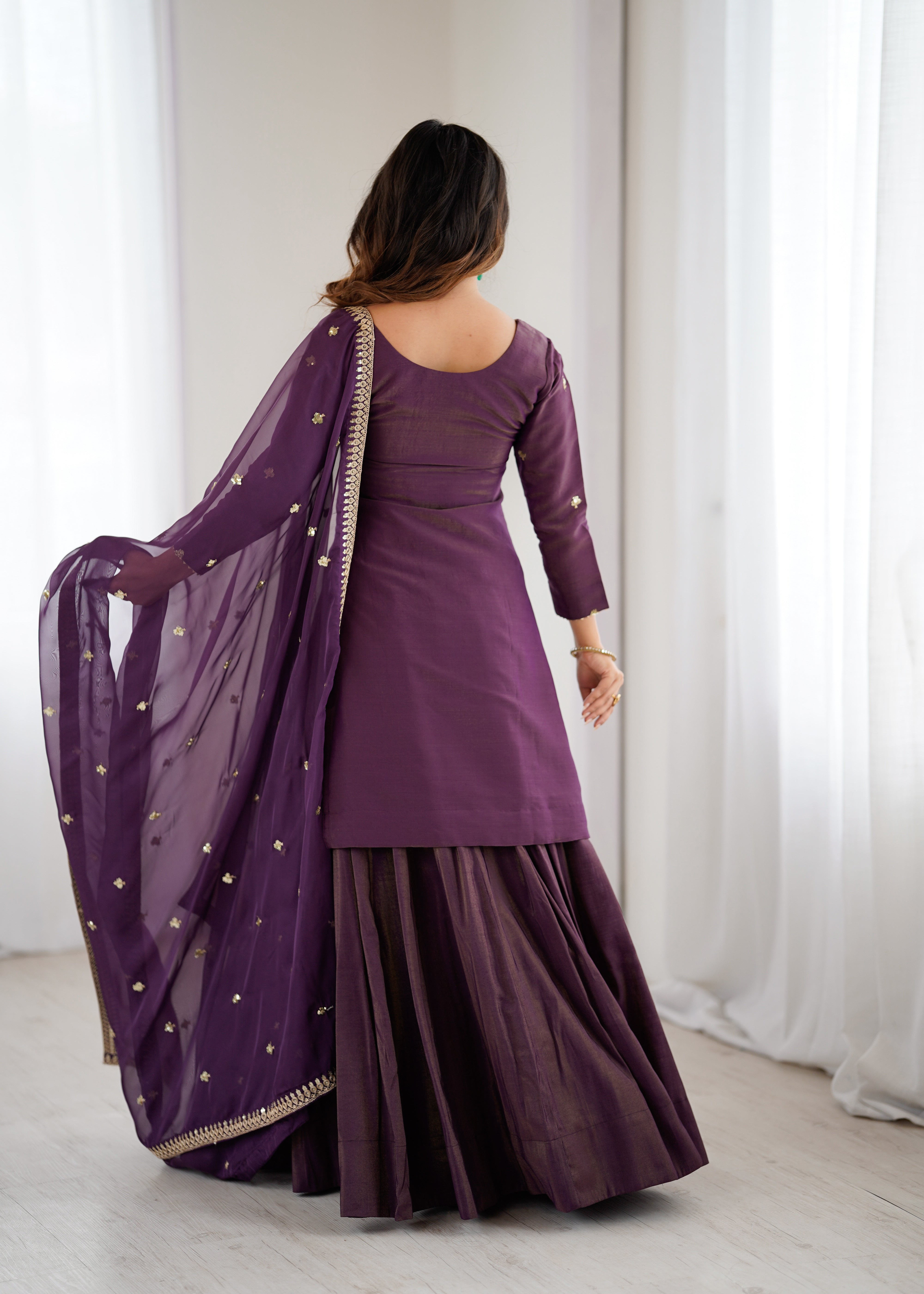 PURE ROMANSHIMMER CHANDERI SILK FABRIC KURTA WITH FULLY FLARE LAHENGA WITH DUPPTA SET READY TO WEAR