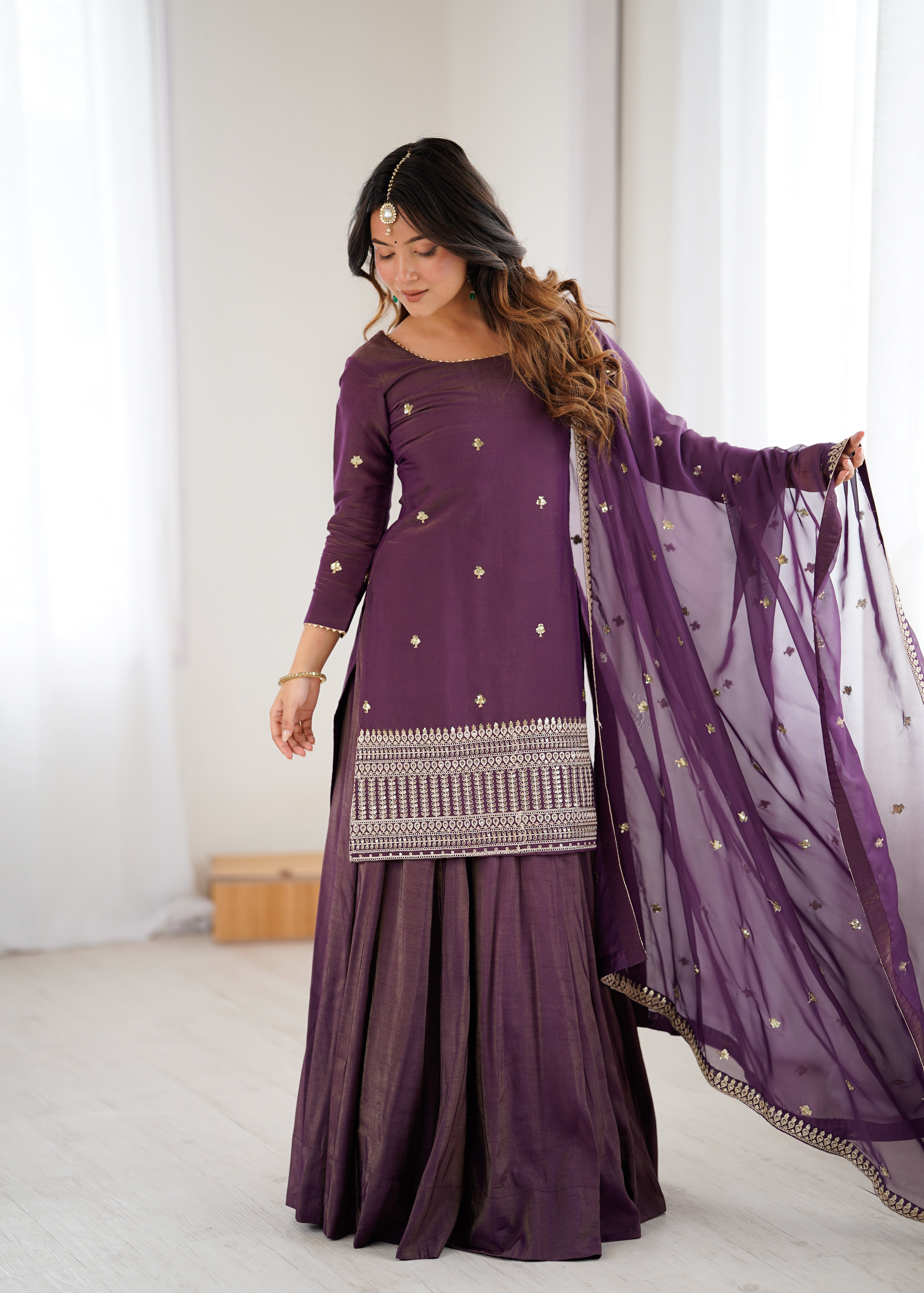 PURE ROMANSHIMMER CHANDERI SILK FABRIC KURTA WITH FULLY FLARE LAHENGA WITH DUPPTA SET READY TO WEAR