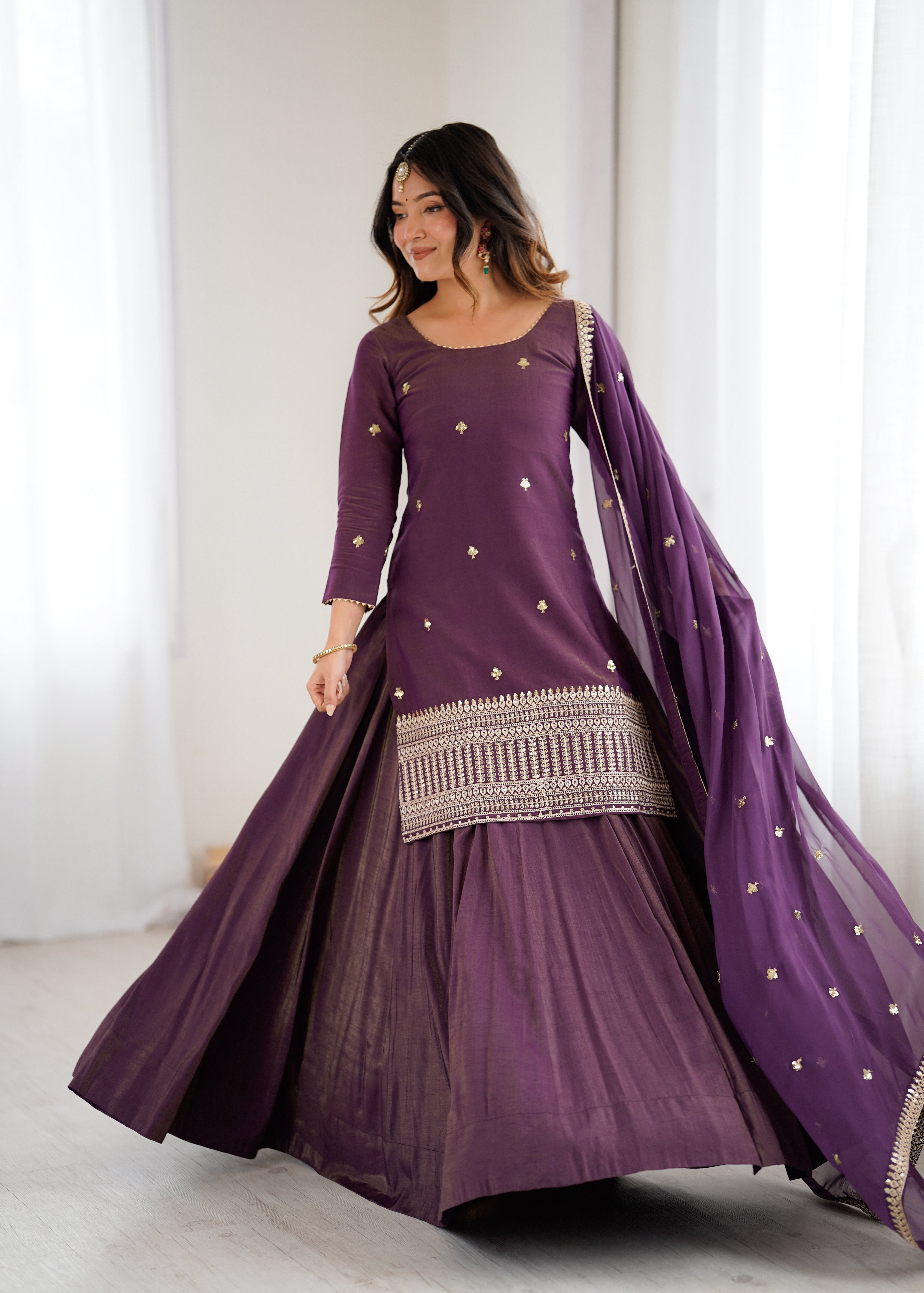PURE ROMANSHIMMER CHANDERI SILK FABRIC KURTA WITH FULLY FLARE LAHENGA WITH DUPPTA SET READY TO WEAR