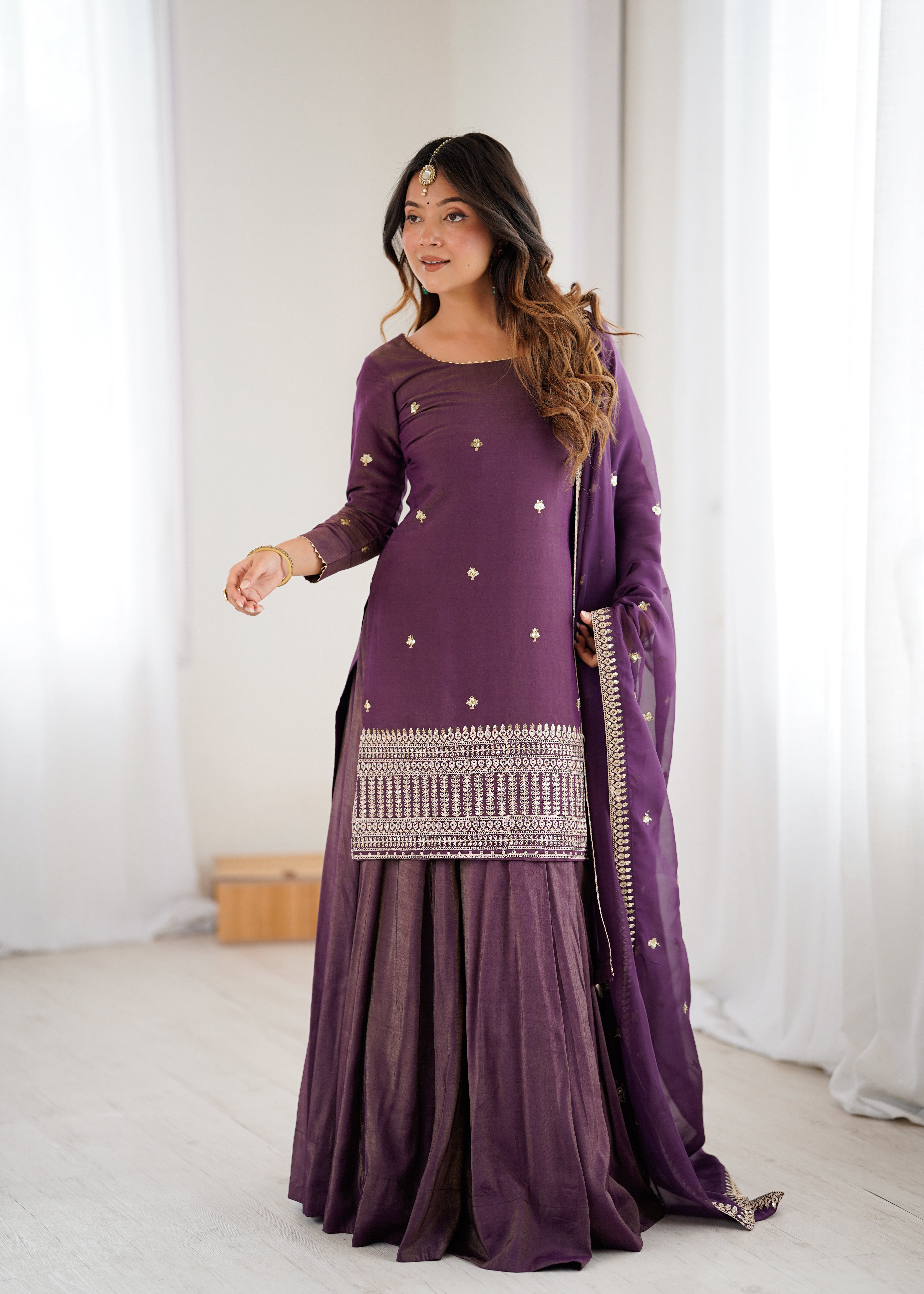 PURE ROMANSHIMMER CHANDERI SILK FABRIC KURTA WITH FULLY FLARE LAHENGA WITH DUPPTA SET READY TO WEAR