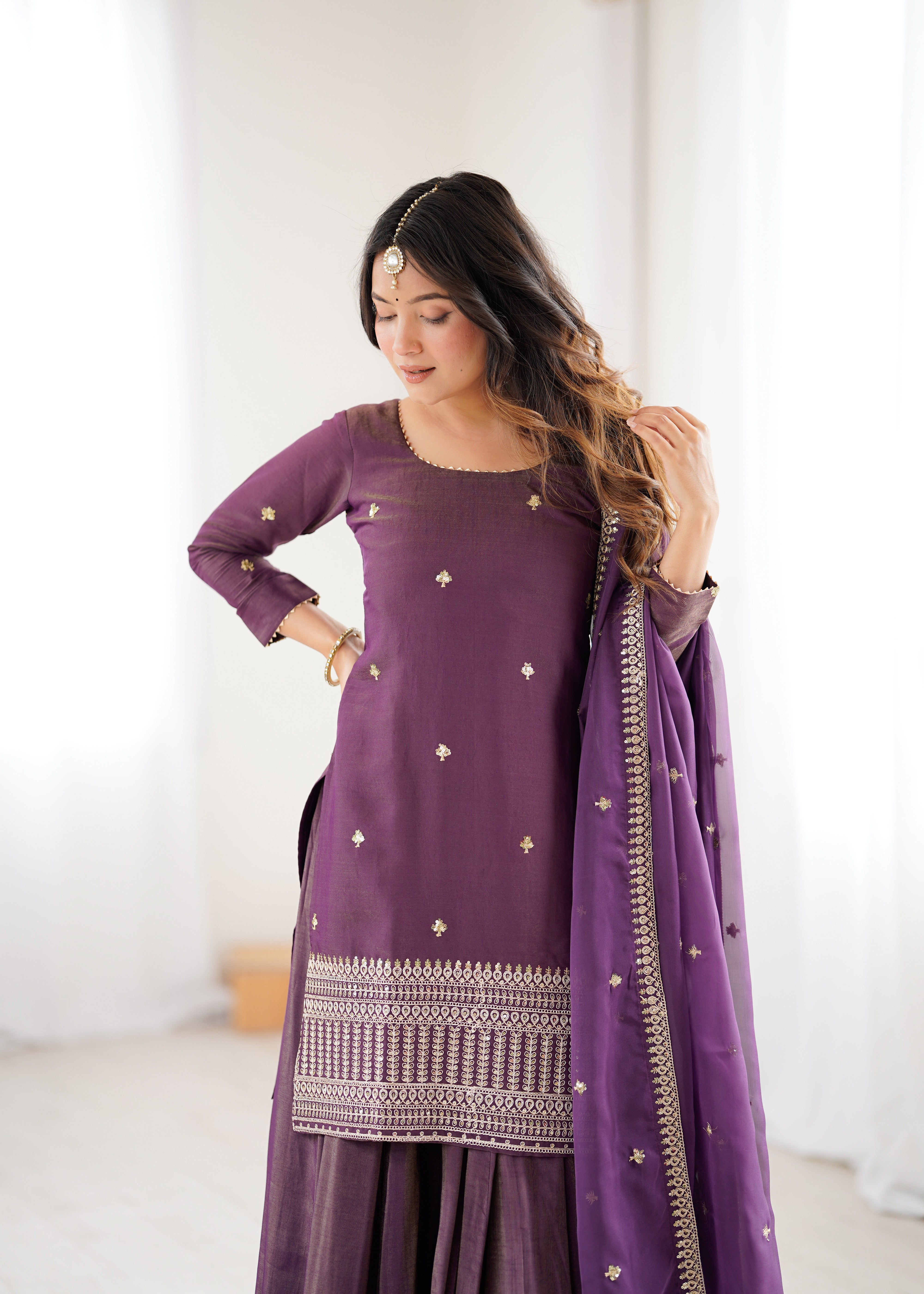 PURE ROMANSHIMMER CHANDERI SILK FABRIC KURTA WITH FULLY FLARE LAHENGA WITH DUPPTA SET READY TO WEAR