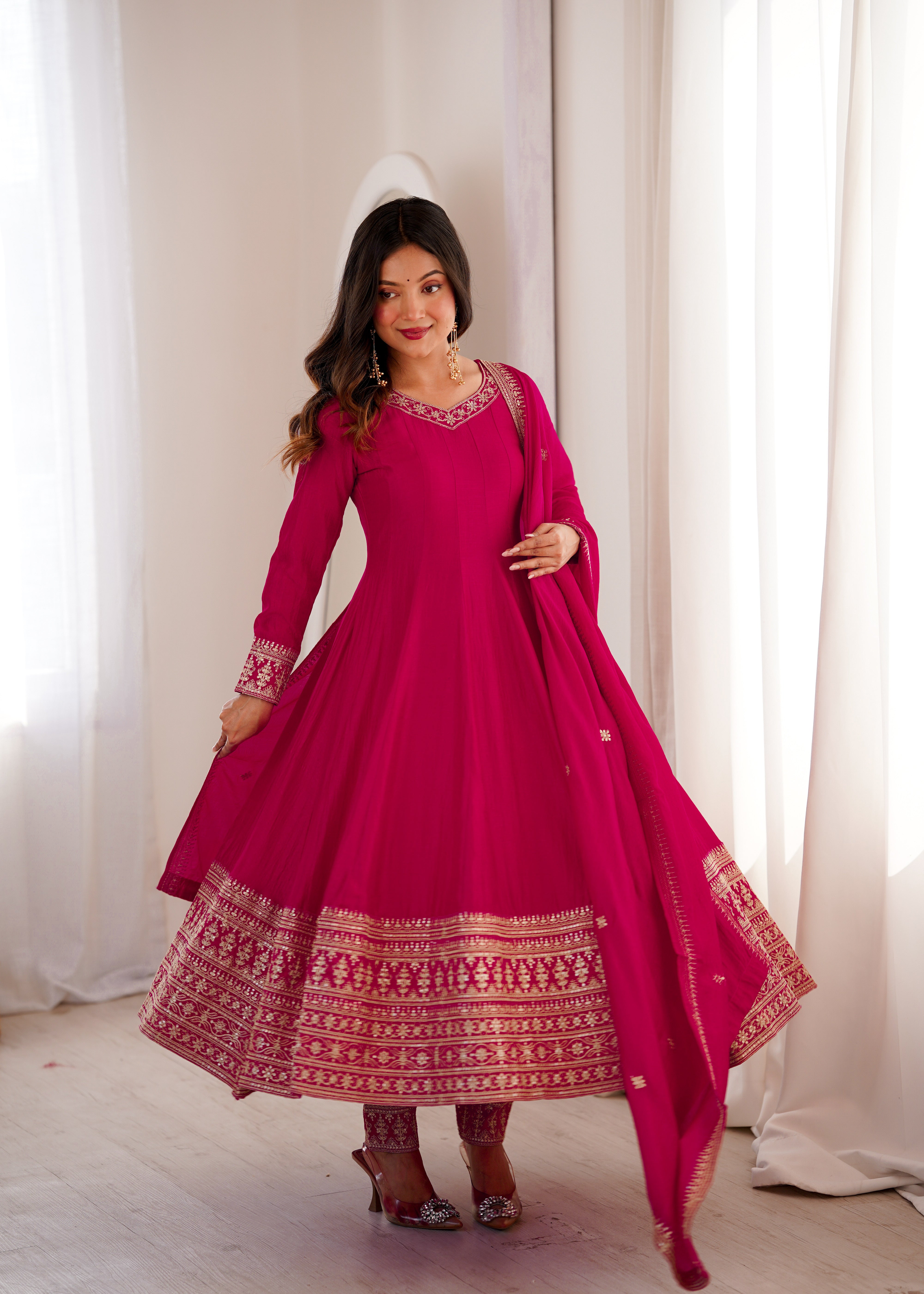 PREMIUM QUALITY PURE BLOOMING VICHITRA SILK FABRIC FULLY FLARE GOWN,WITH DUPATTA WITH PENT FULL SET