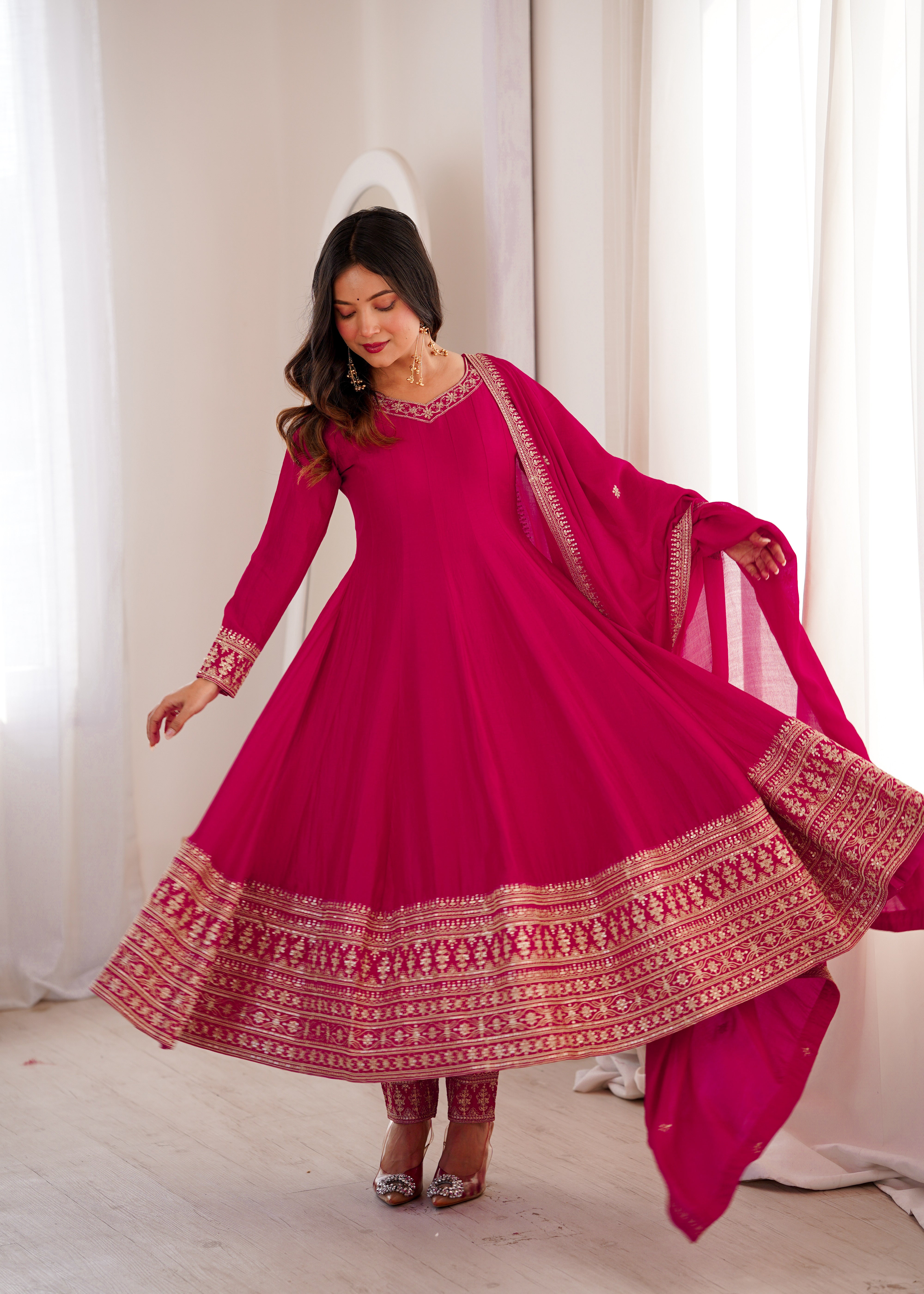 PREMIUM QUALITY PURE BLOOMING VICHITRA SILK FABRIC FULLY FLARE GOWN,WITH DUPATTA WITH PENT FULL SET