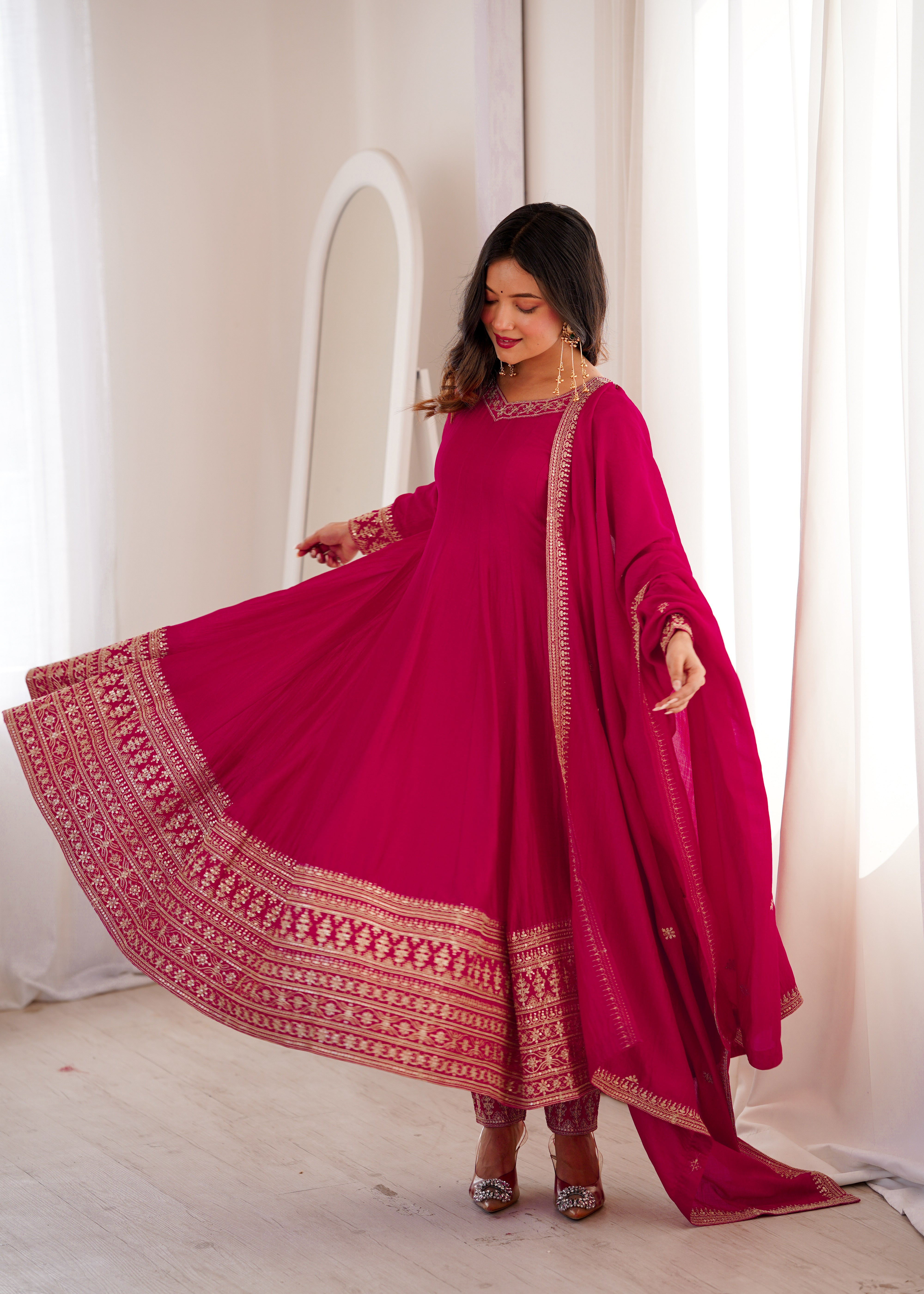 PREMIUM QUALITY PURE BLOOMING VICHITRA SILK FABRIC FULLY FLARE GOWN,WITH DUPATTA WITH PENT FULL SET
