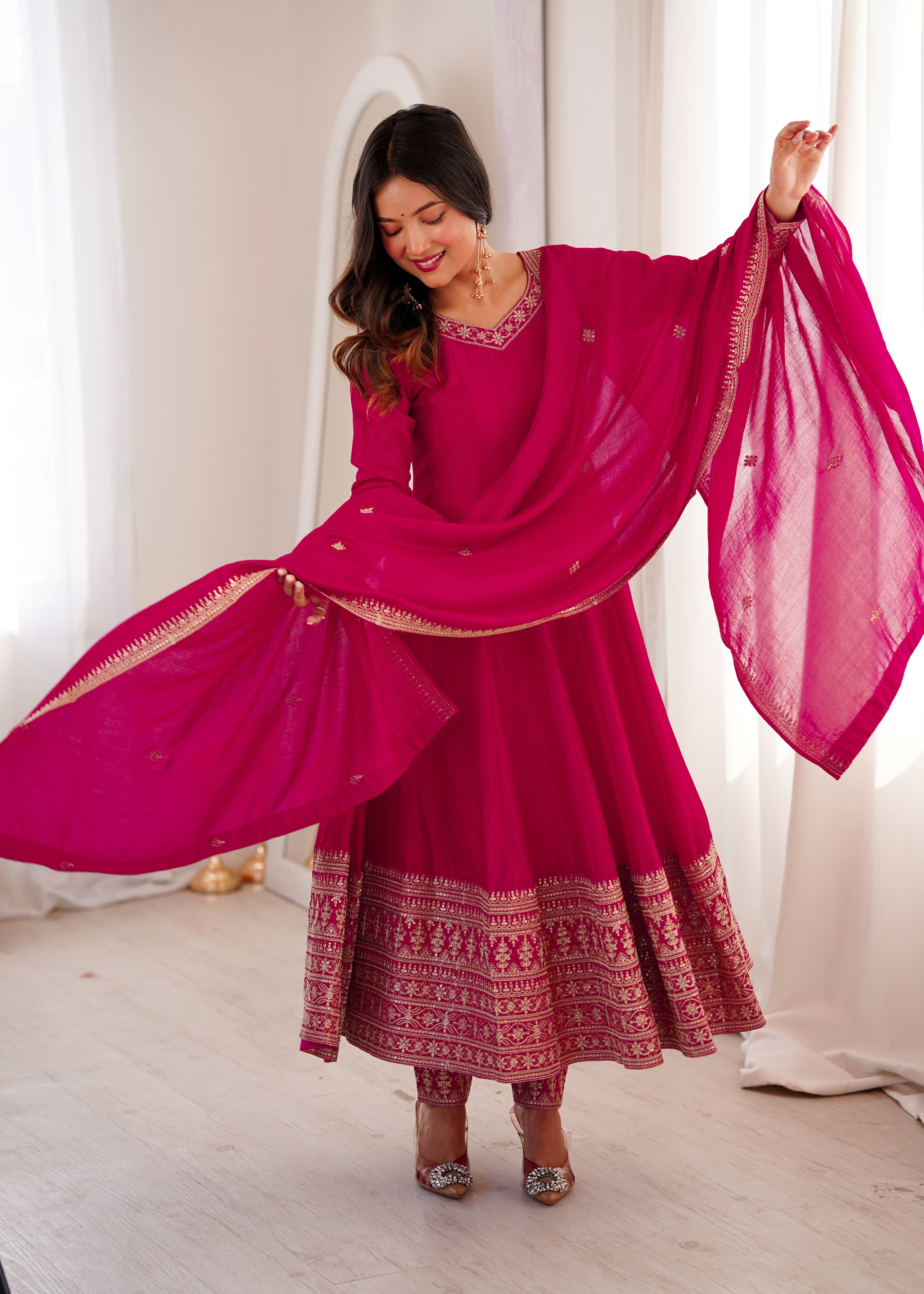 PREMIUM QUALITY PURE BLOOMING VICHITRA SILK FABRIC FULLY FLARE GOWN,WITH DUPATTA WITH PENT FULL SET